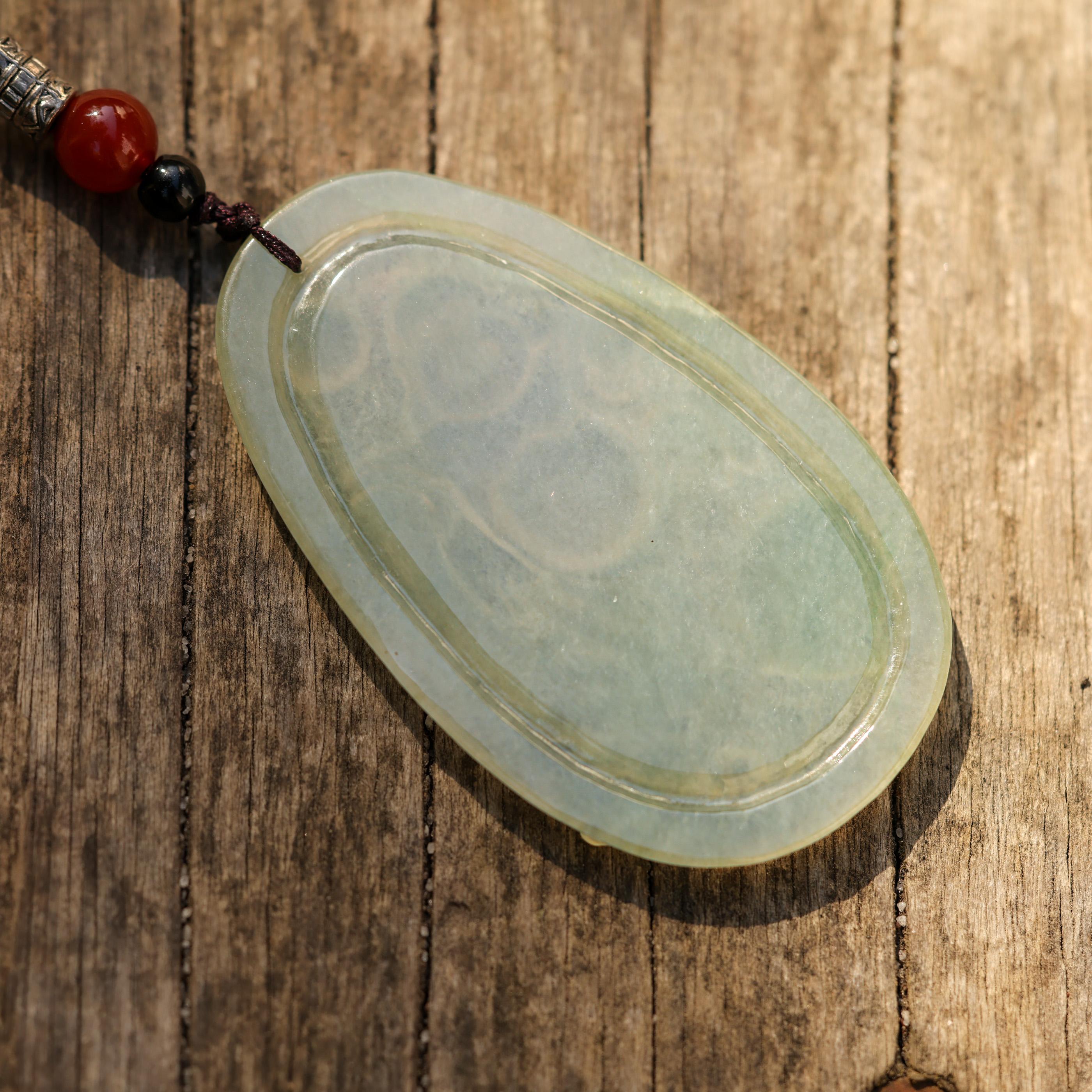 Icy Light Green Jade Buddha Carving on Cord Necklace