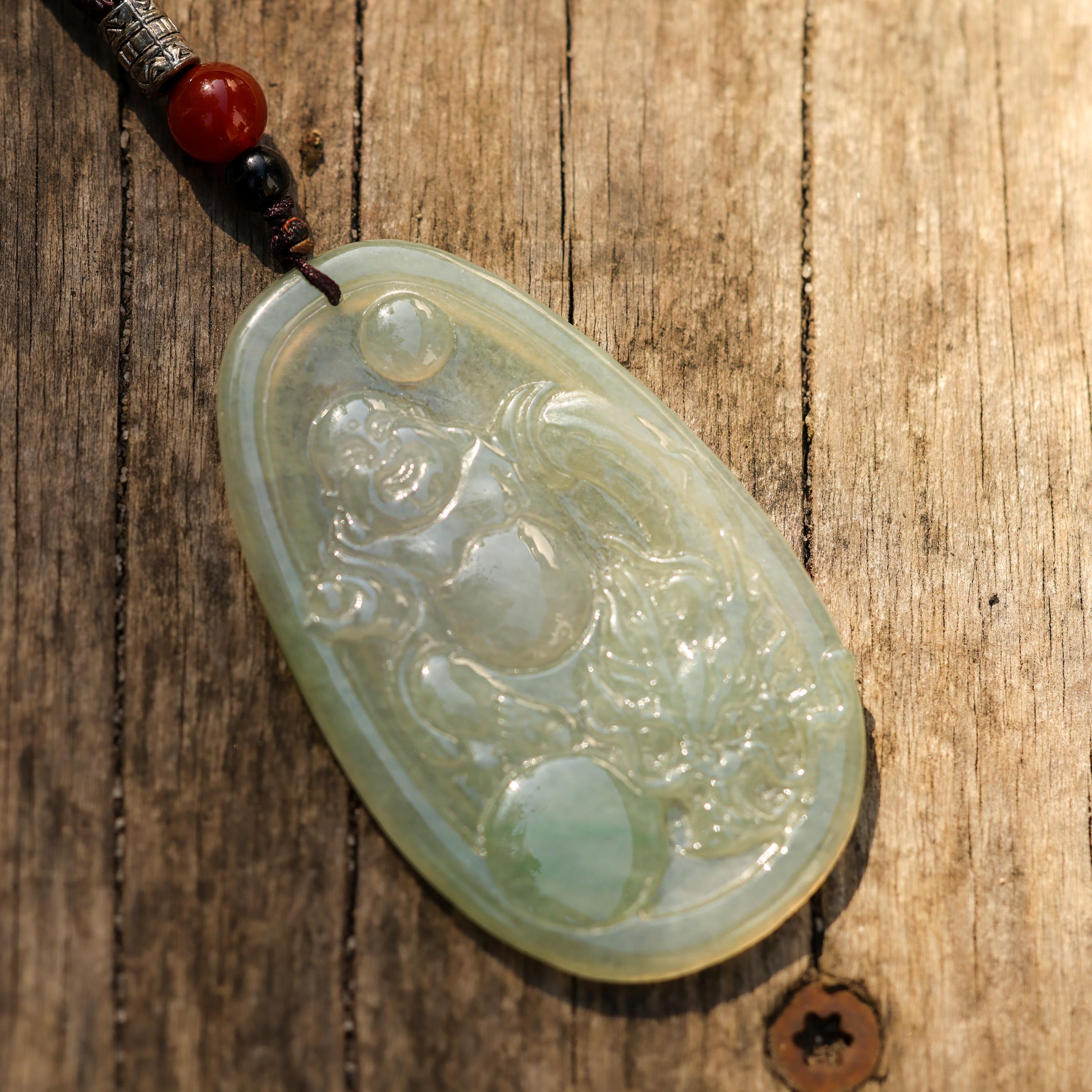 Icy Light Green Jade Buddha Carving on Cord Necklace
