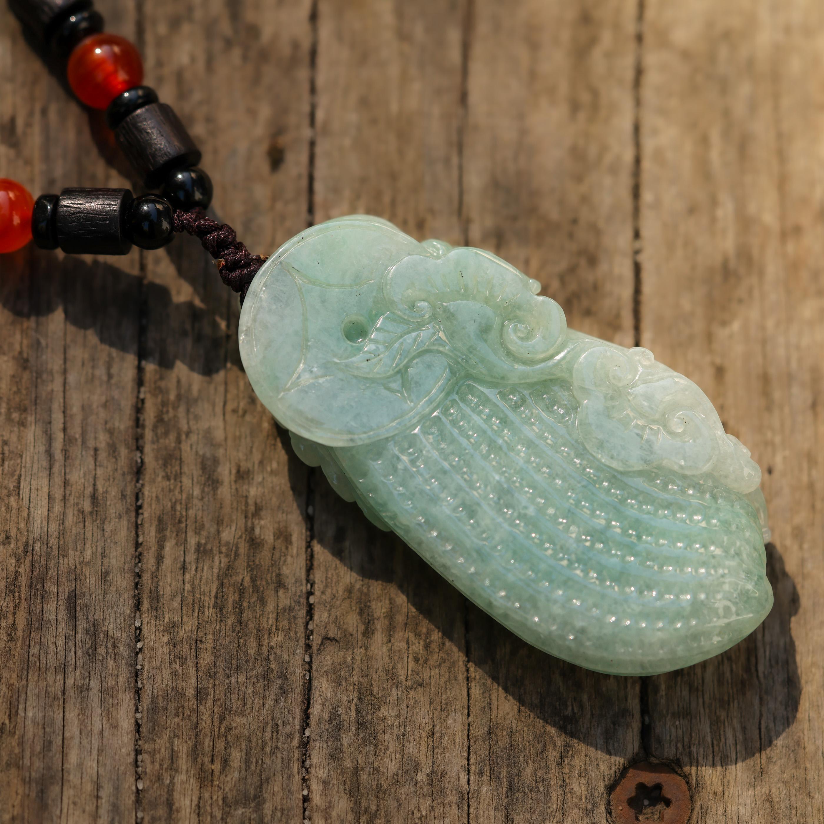 Green Jade Pixiu & Peanut Carving on Cord Necklace