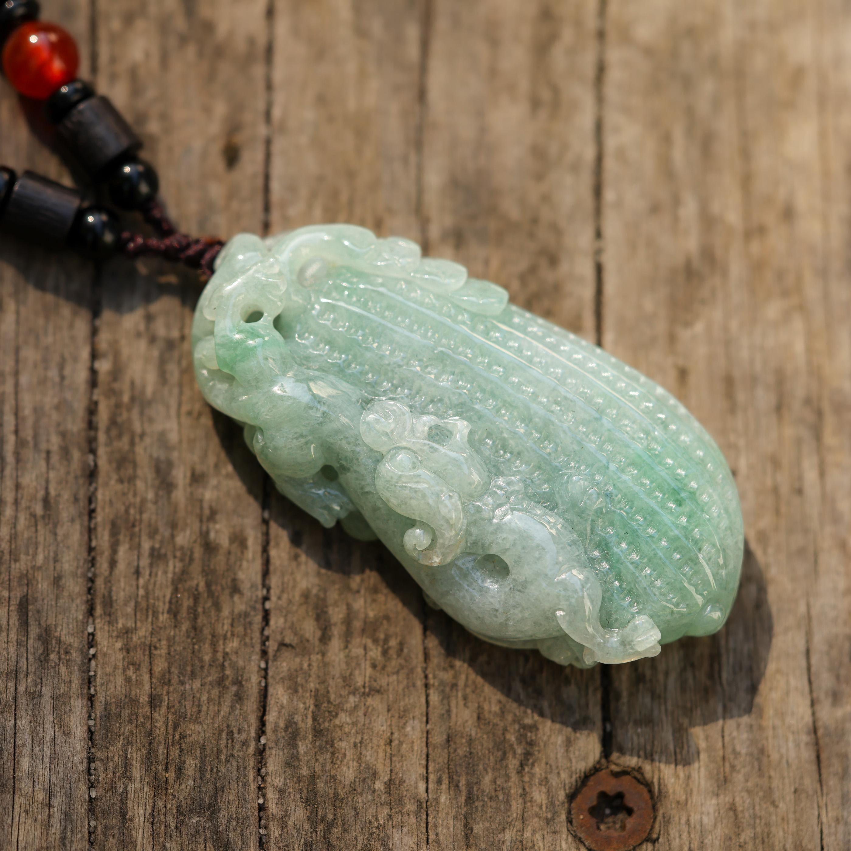 Green Jade Pixiu & Peanut Carving on Cord Necklace