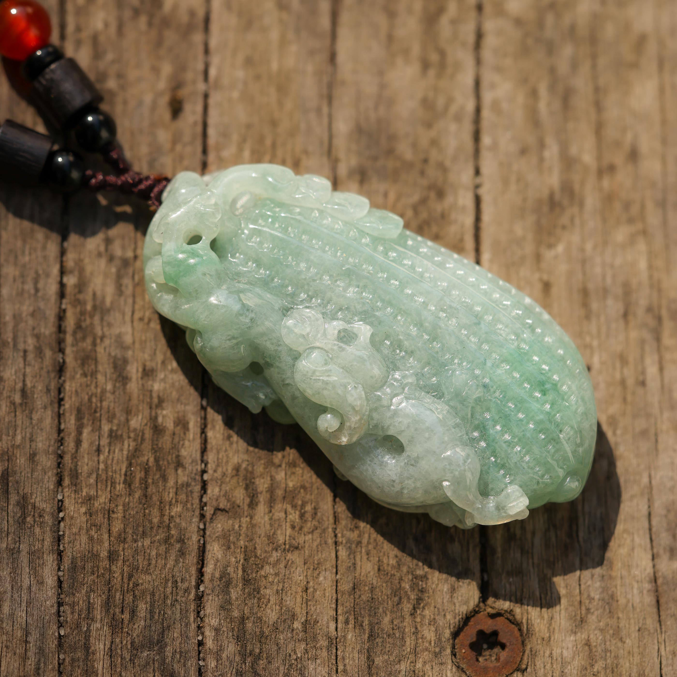 Green Jade Pixiu & Peanut Carving on Cord Necklace