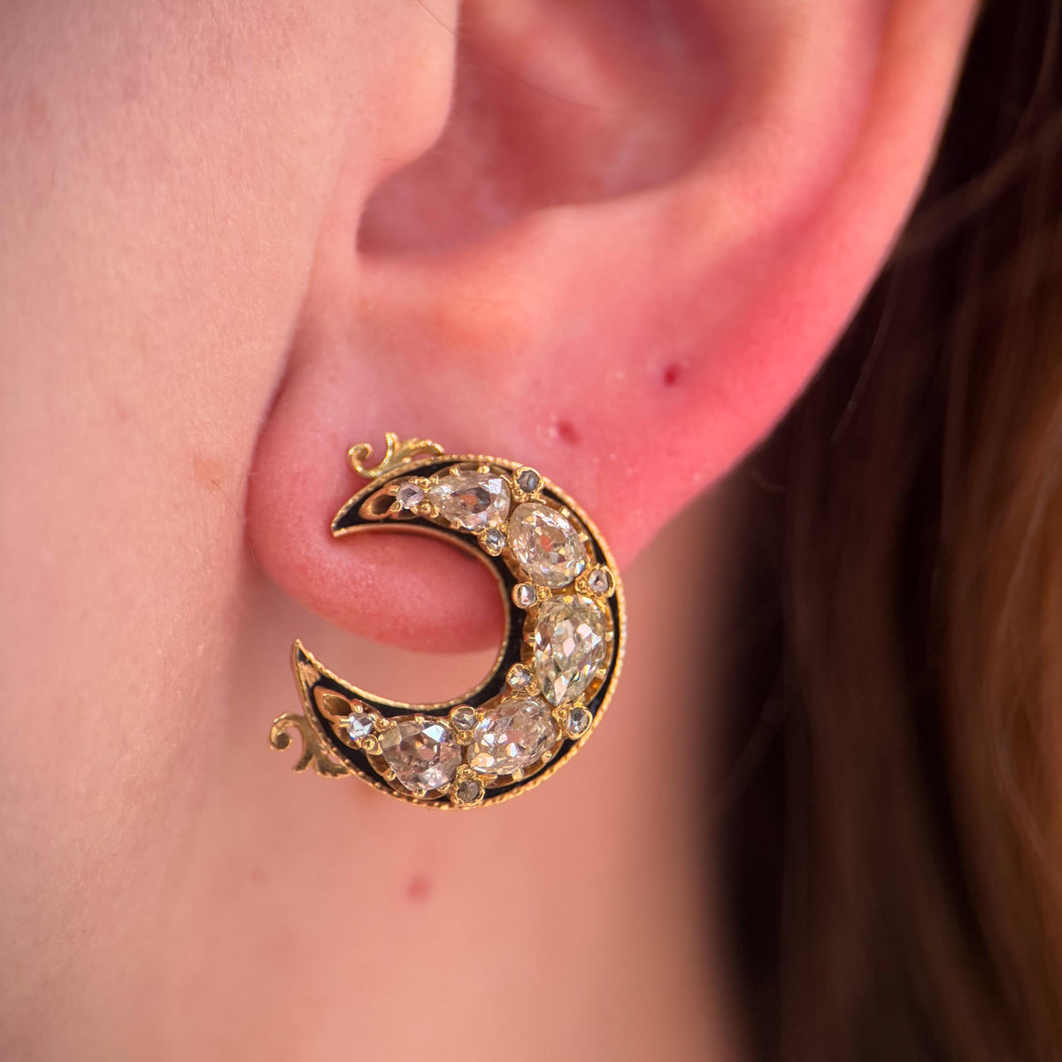 Victorian Crescent Moon Old Mine Cut Diamond Gold Earrings