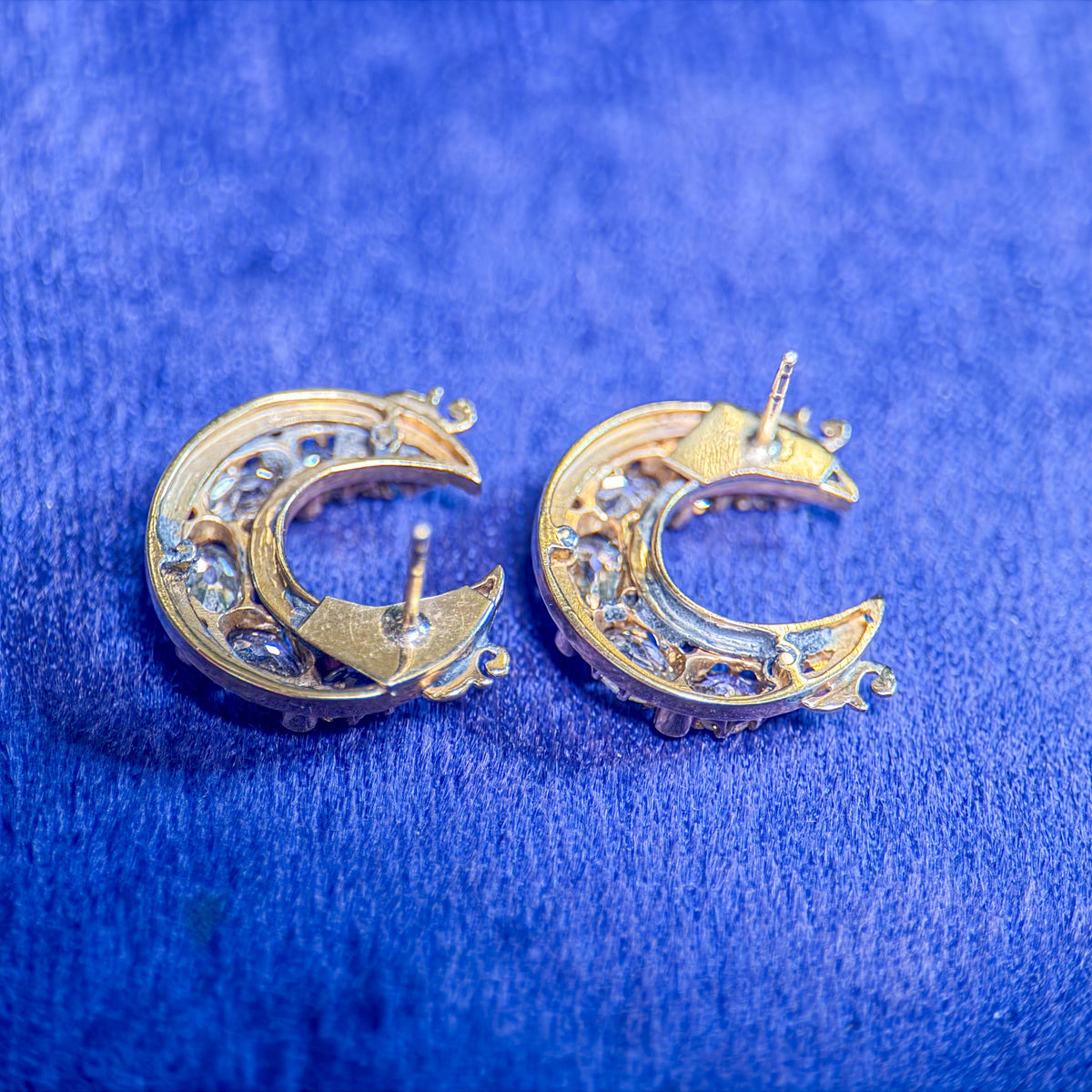 Victorian Crescent Moon Old Mine Cut Diamond Gold Earrings