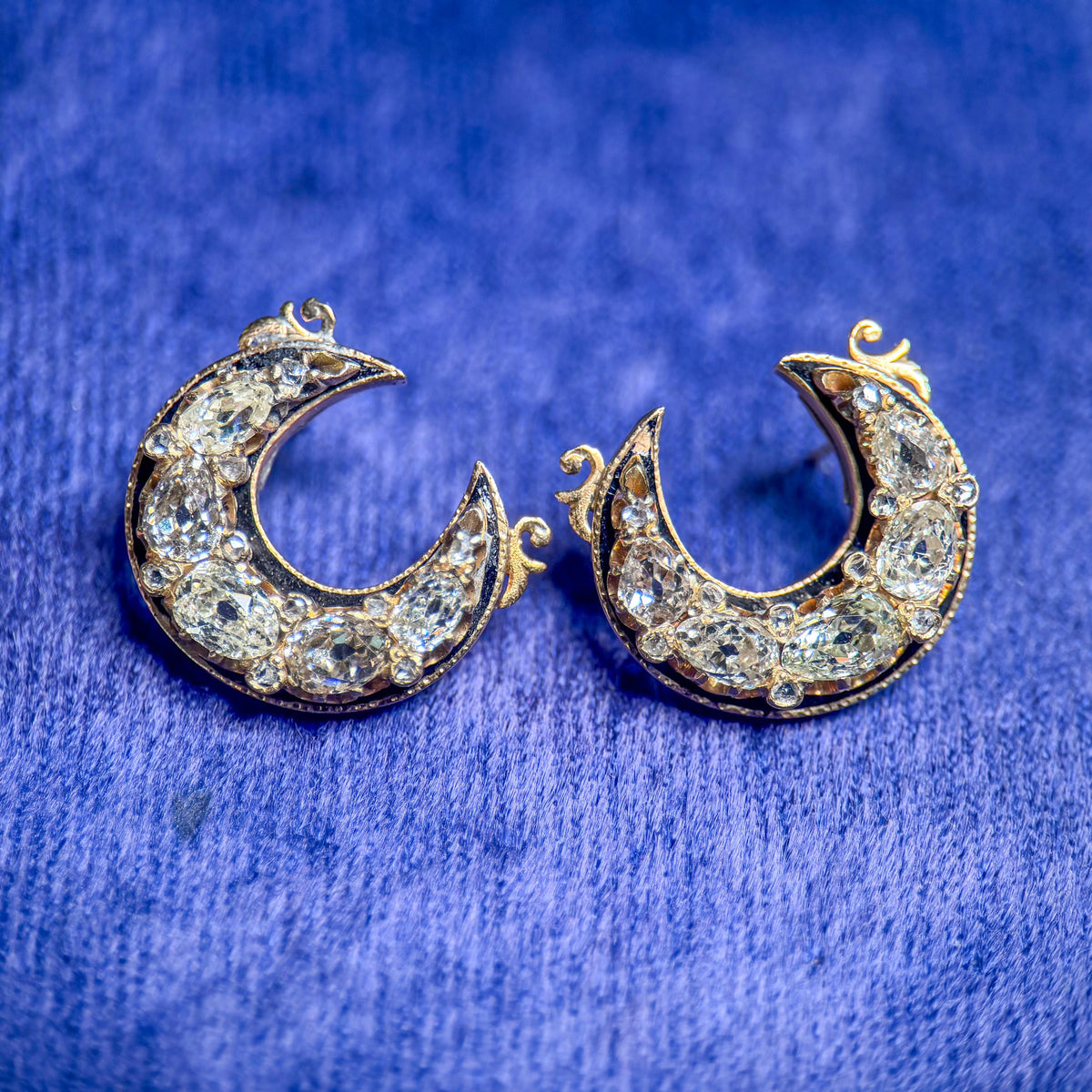 Victorian Crescent Moon Old Mine Cut Diamond Gold Earrings