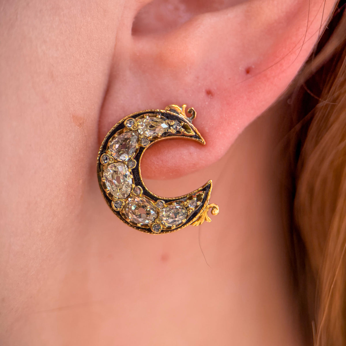 Victorian Crescent Moon Old Mine Cut Diamond Gold Earrings