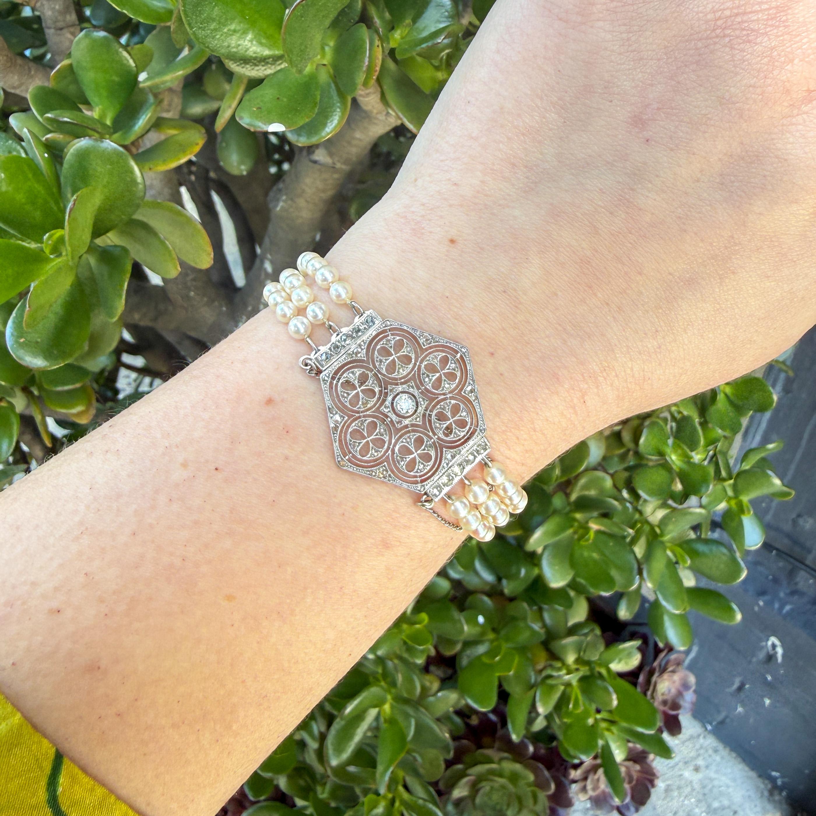 Old European Cut Diamond Bracelet with Pearls in Gold & Platinum