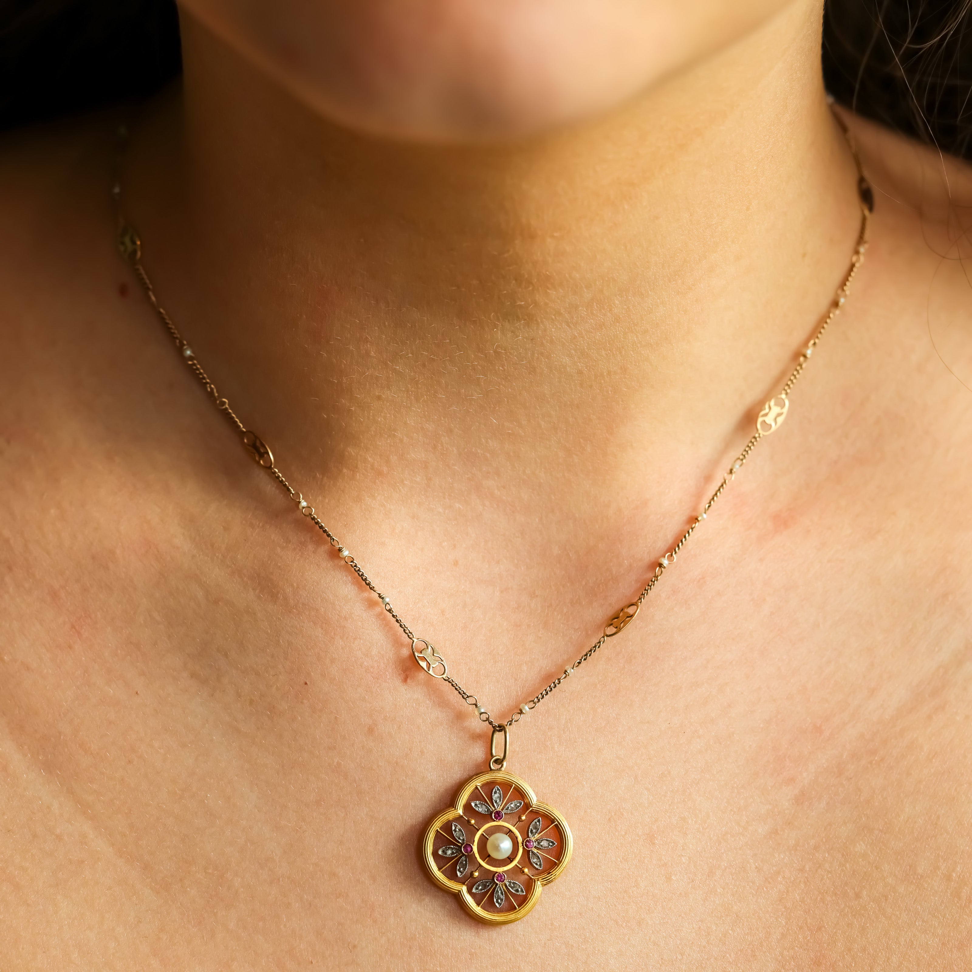 Edwardian Natural Pearl & Pink Sapphire Quatrefoil Necklace