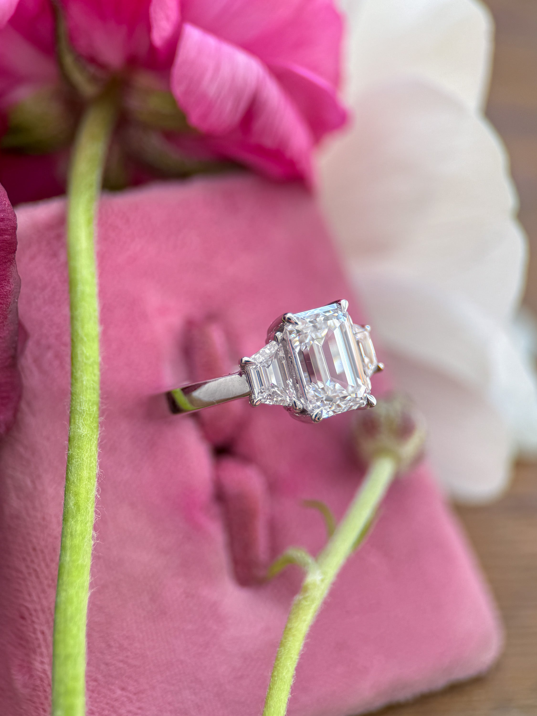 3 Ct Emerald Cut Lab Diamond Engagement Ring with Cadillac Accents