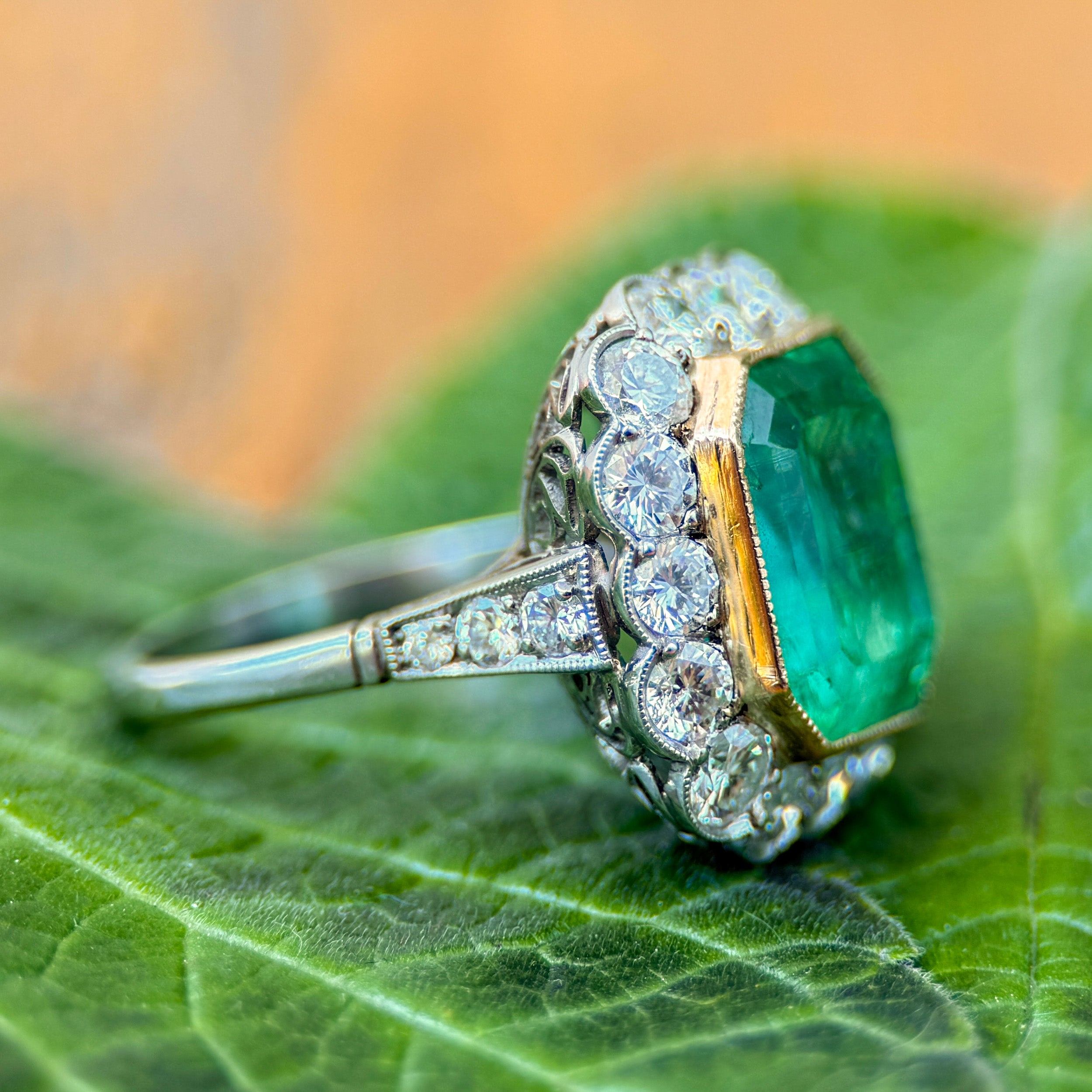 Edwardian Style Emerald & Diamond Cocktail Ring