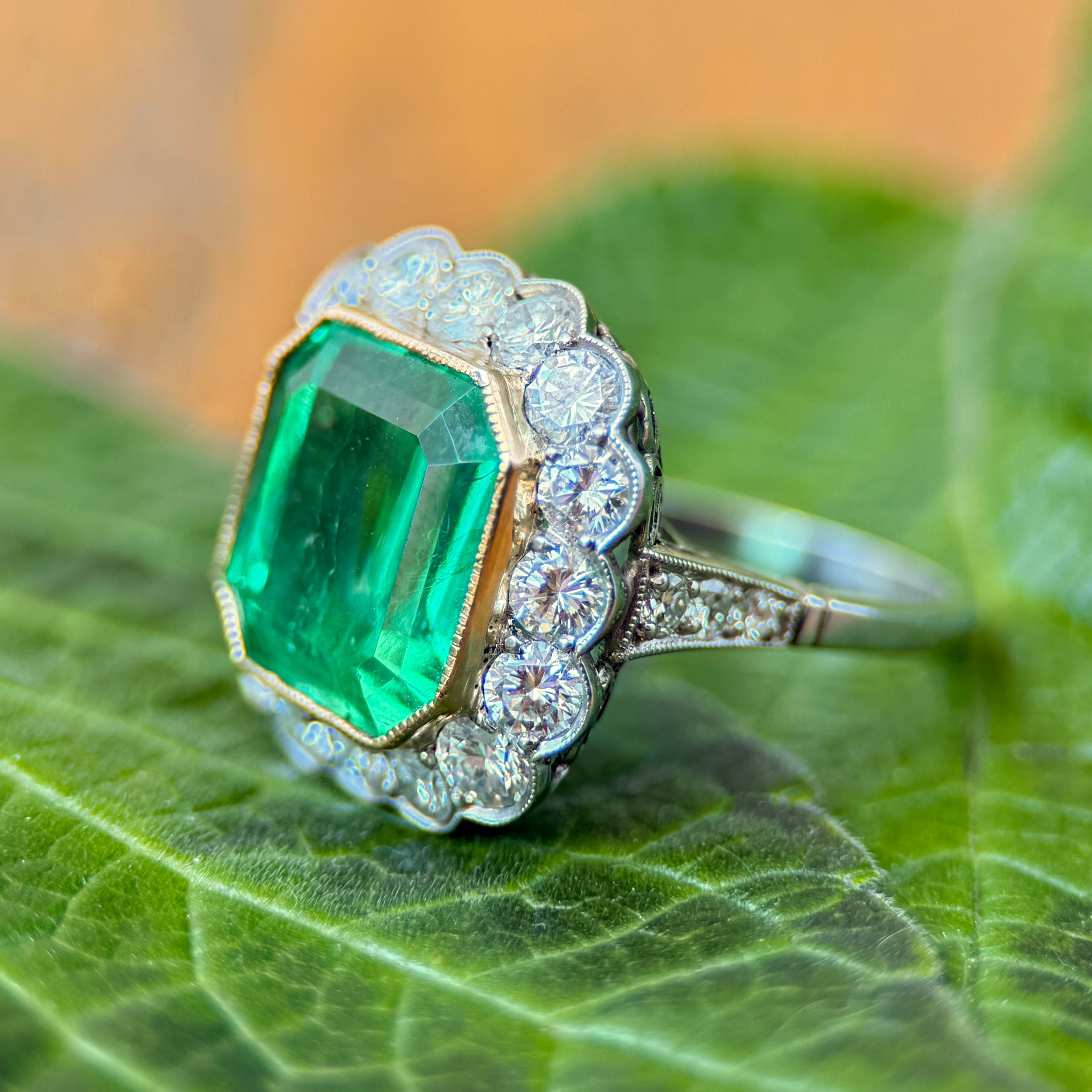 Edwardian Style Emerald & Diamond Cocktail Ring