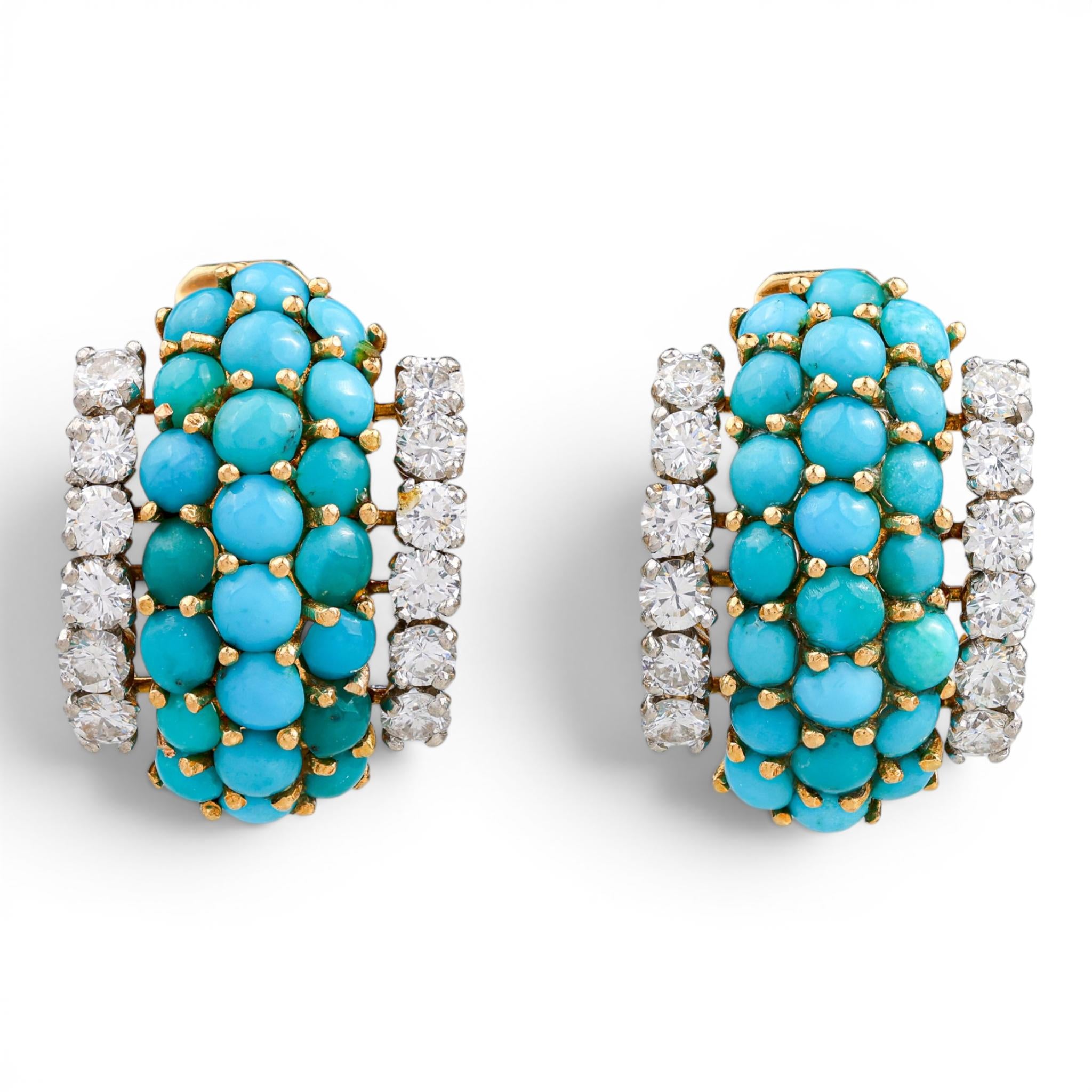 French Retro Turquoise & Diamond Cuff Earrings