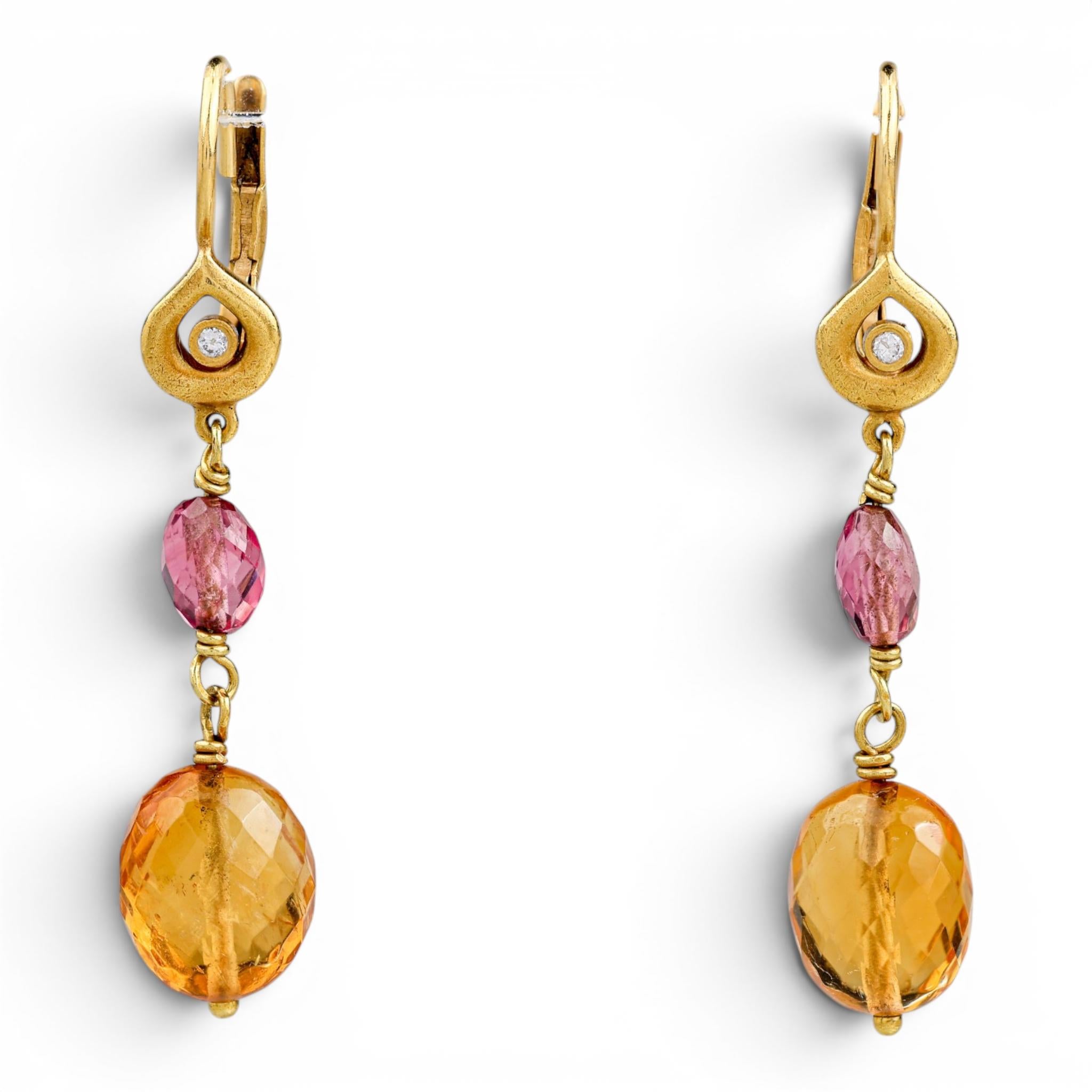 18K Citrine Tourmaline Dangle Earrings