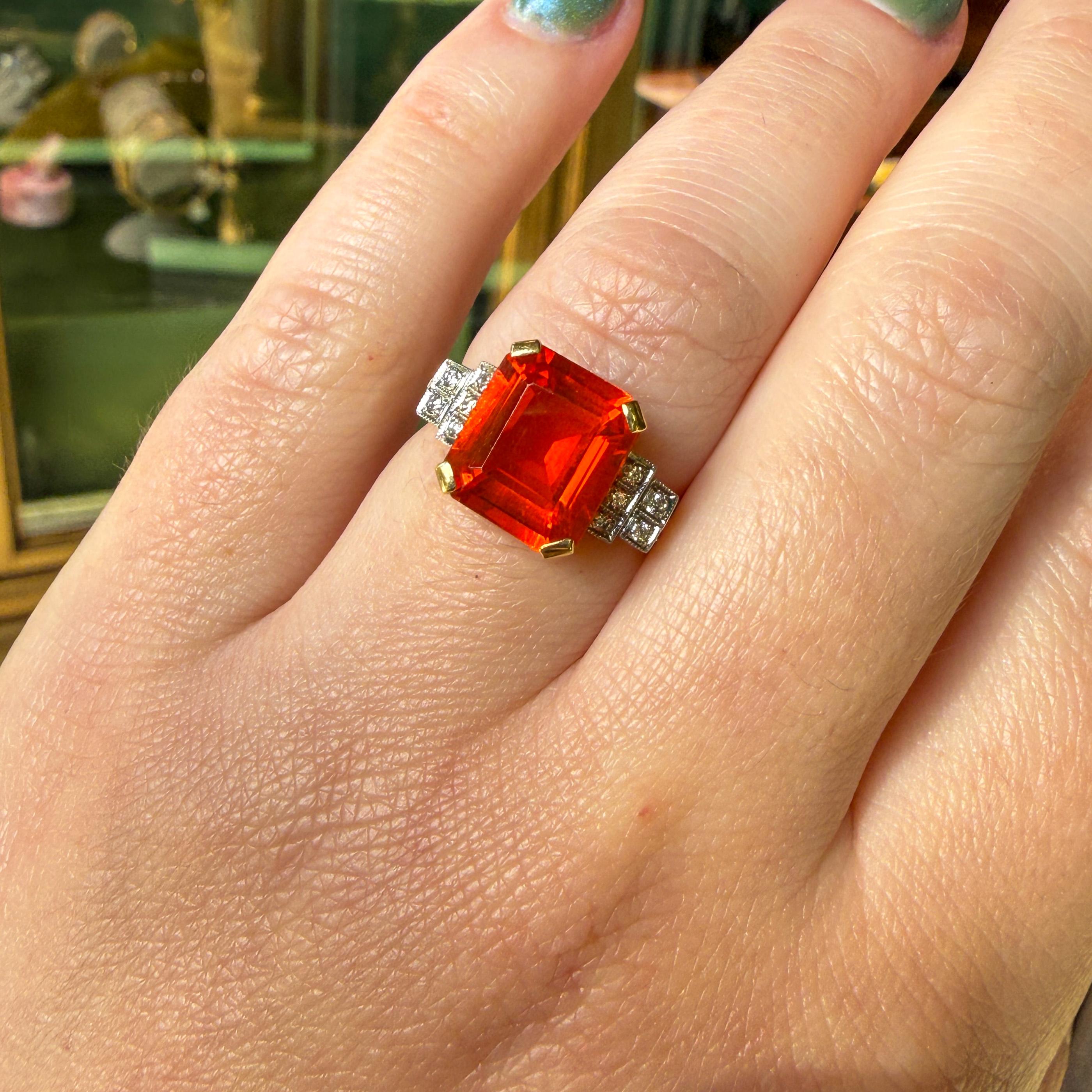 Art Deco Style 18K Fire Opal and Diamond Ring