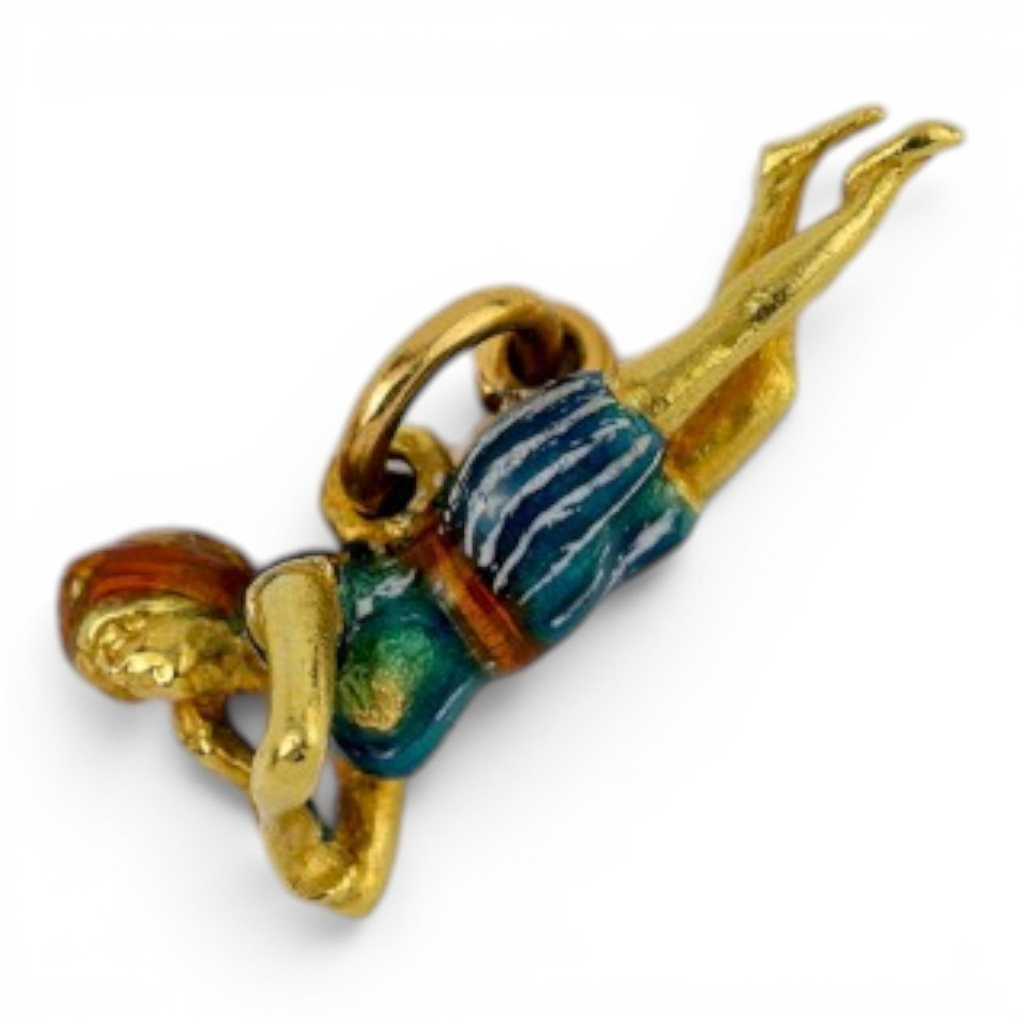 French 18K Platinum Enamel Swimmer Charm