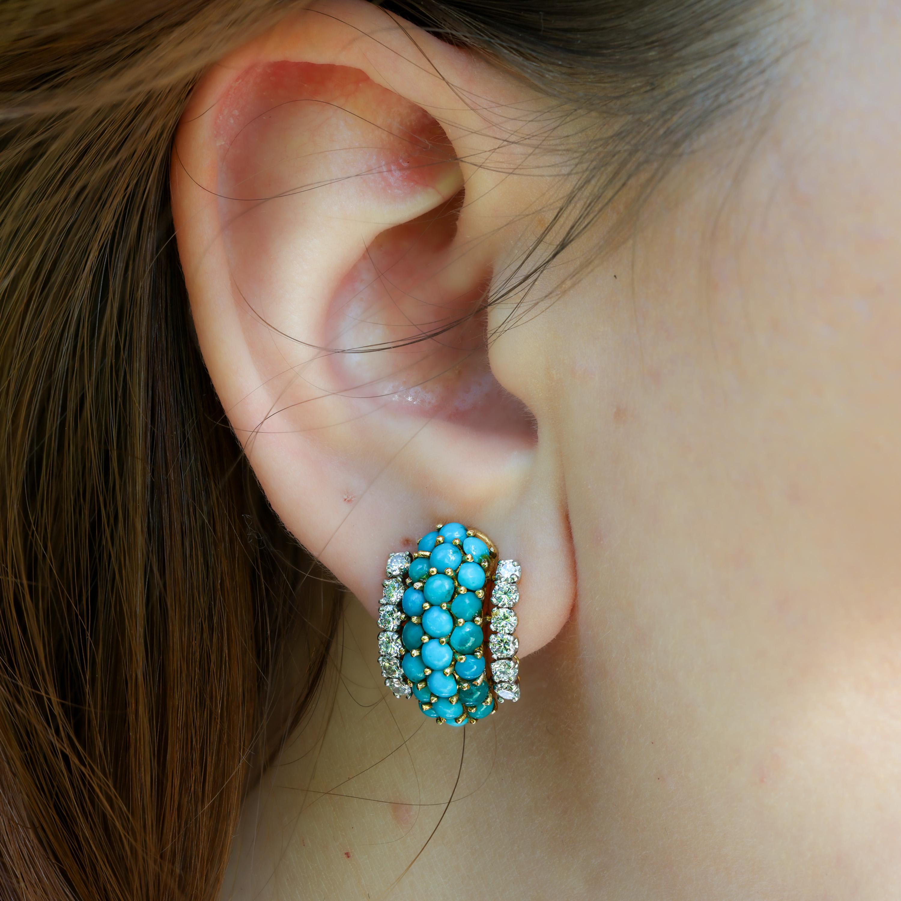 French Retro Turquoise & Diamond Cuff Earrings