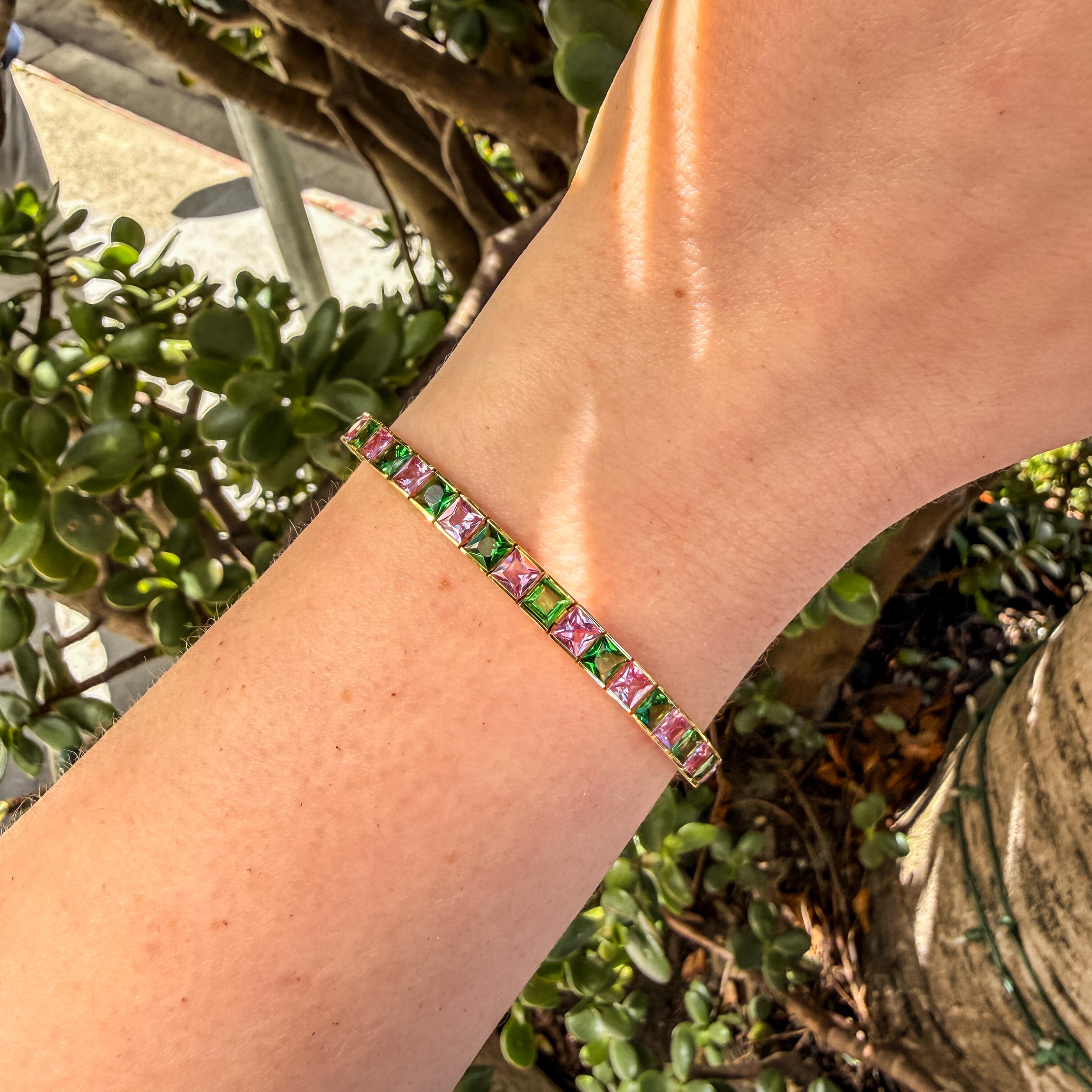 18KT Gold Pink Sapphire & Tsavorite Line Bracelet