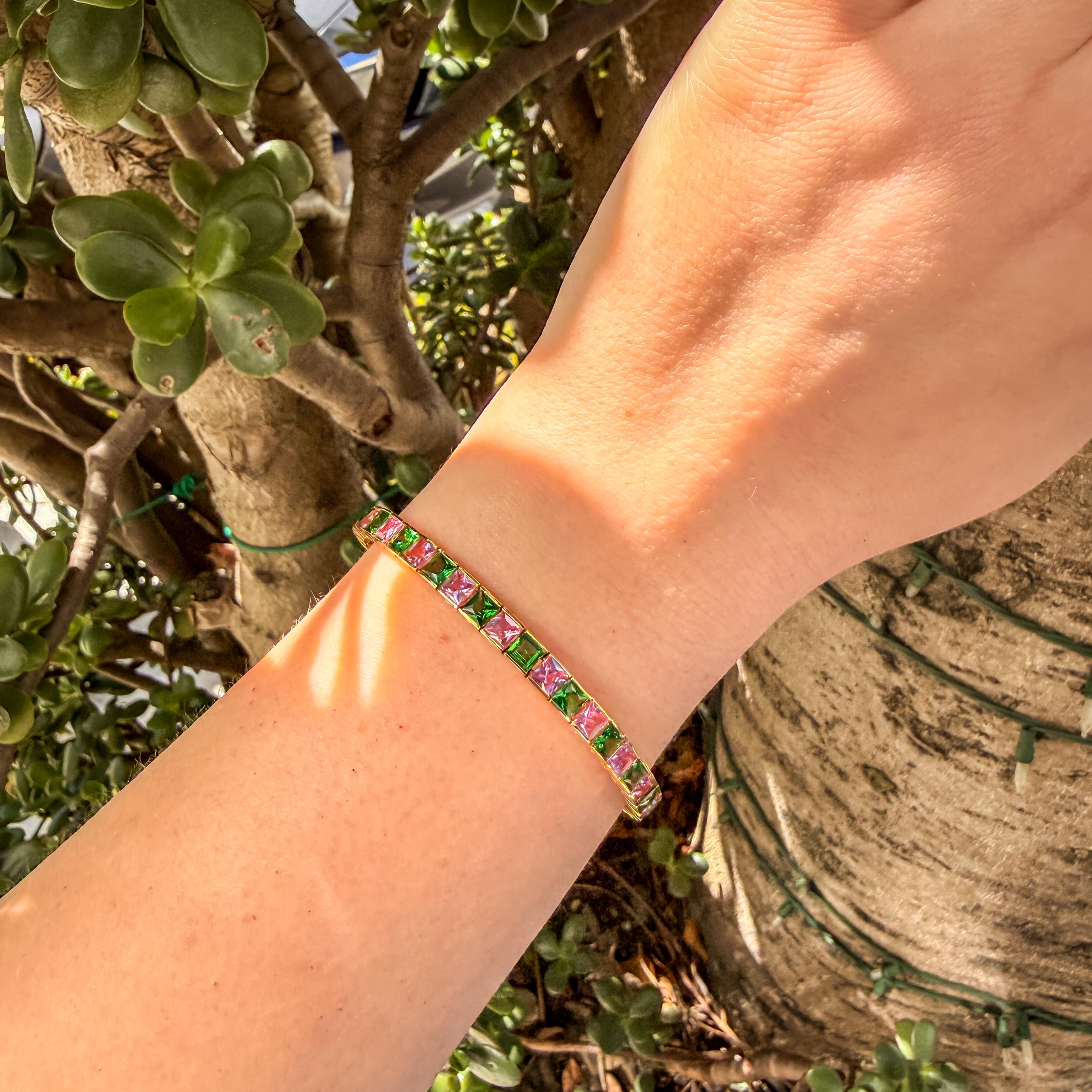 18KT Gold Pink Sapphire & Tsavorite Line Bracelet