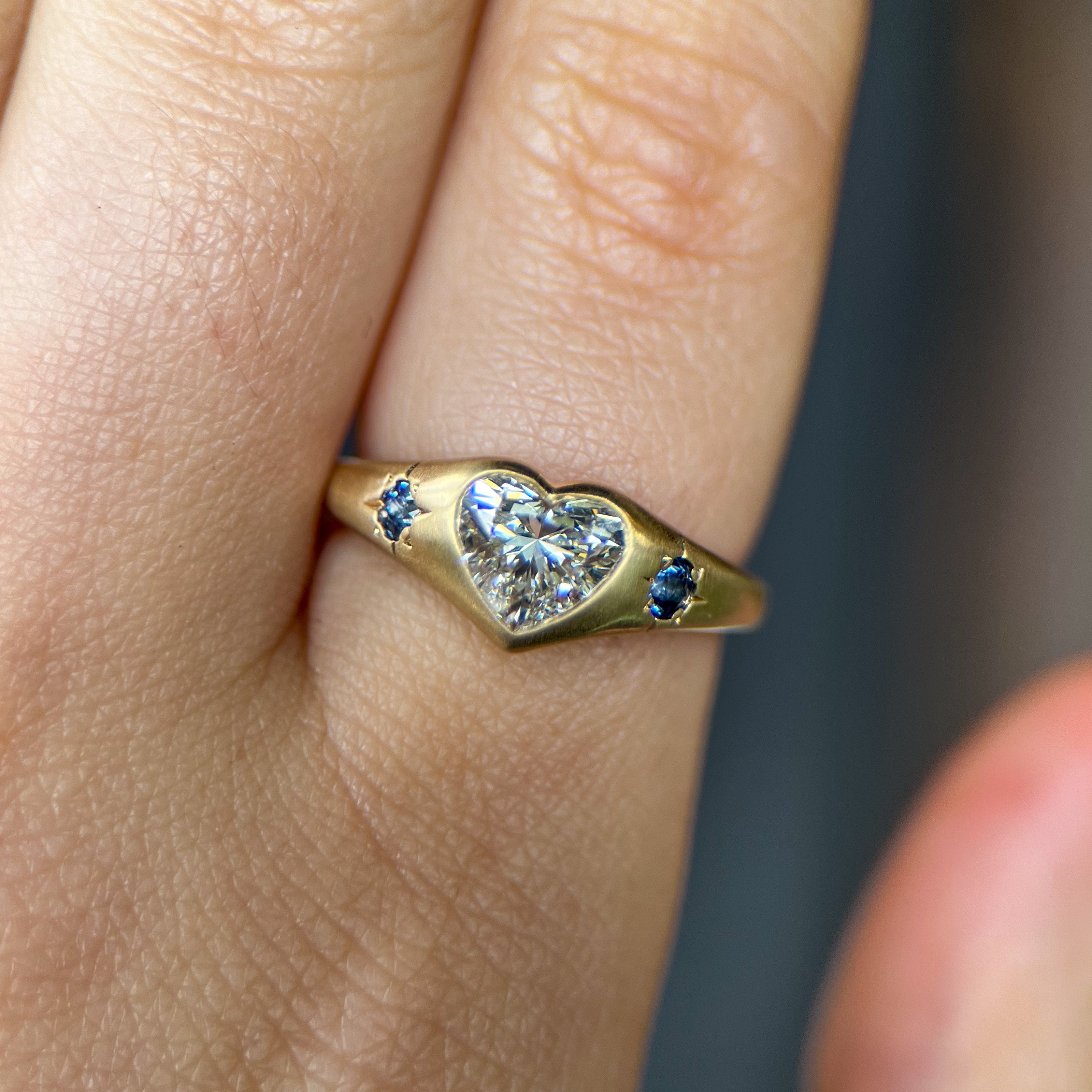LG Diamond Heart & Yogo Sapphire Signet Ring