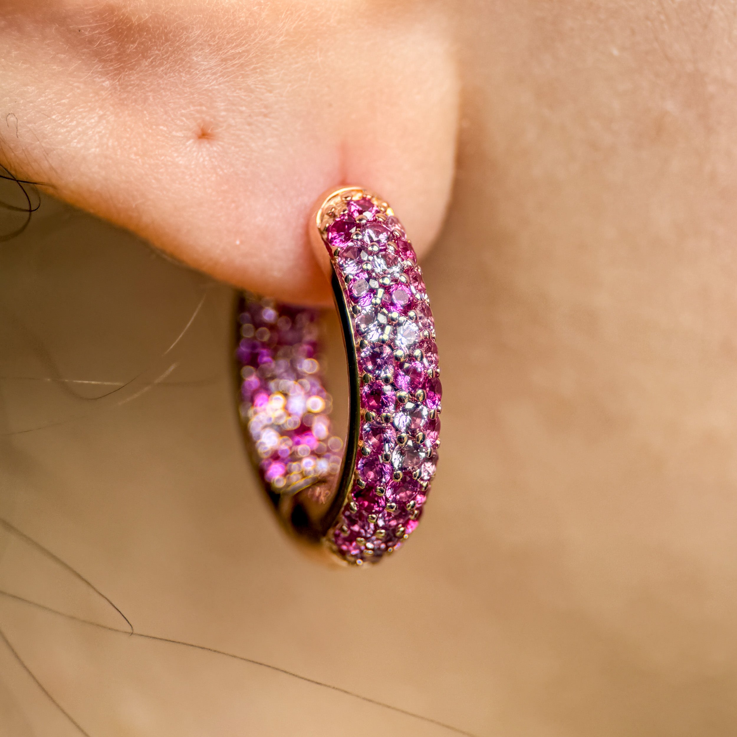 Large Pink Sapphire Huggie Hoops