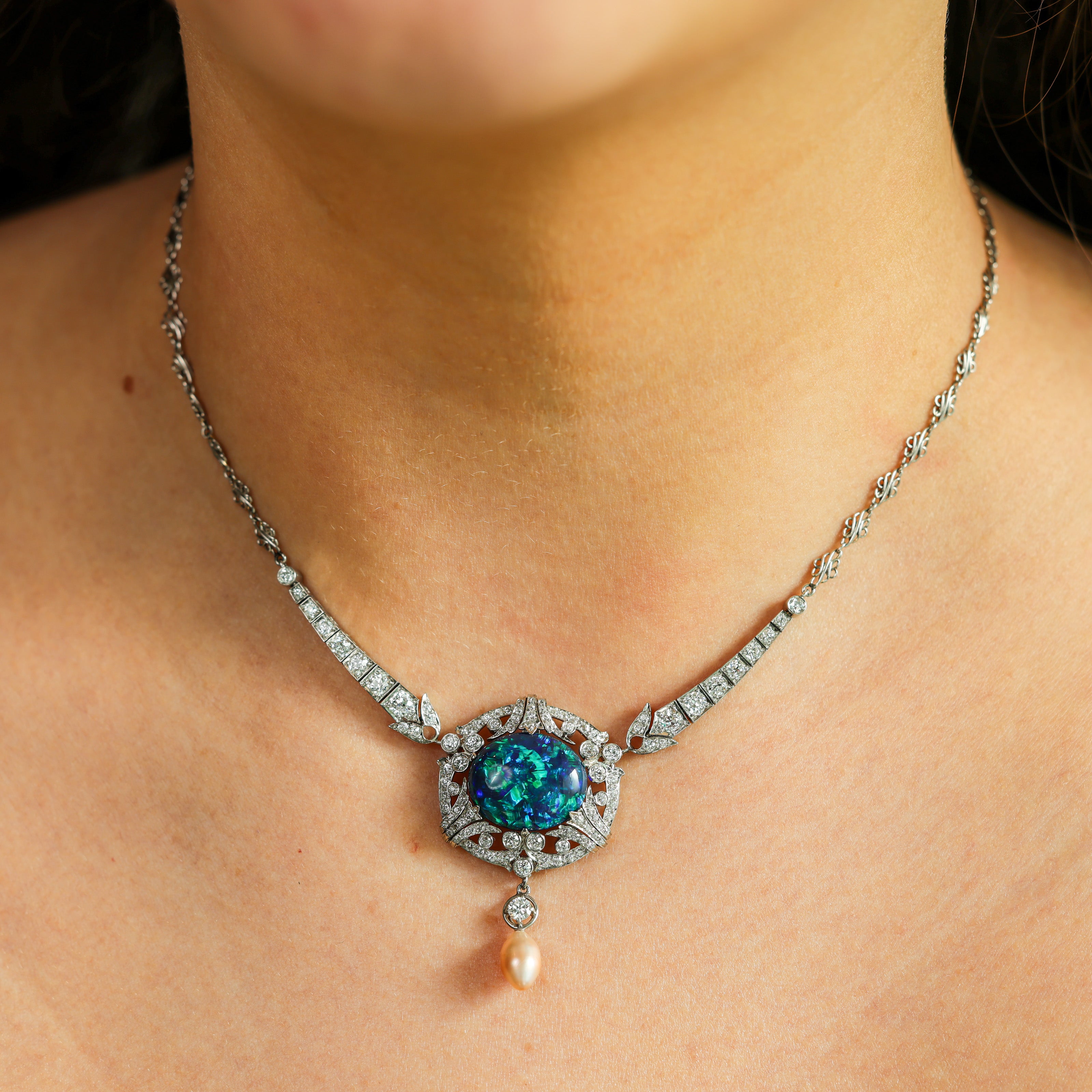 Marcus & Co. Edwardian Black Opal & Diamond Necklace