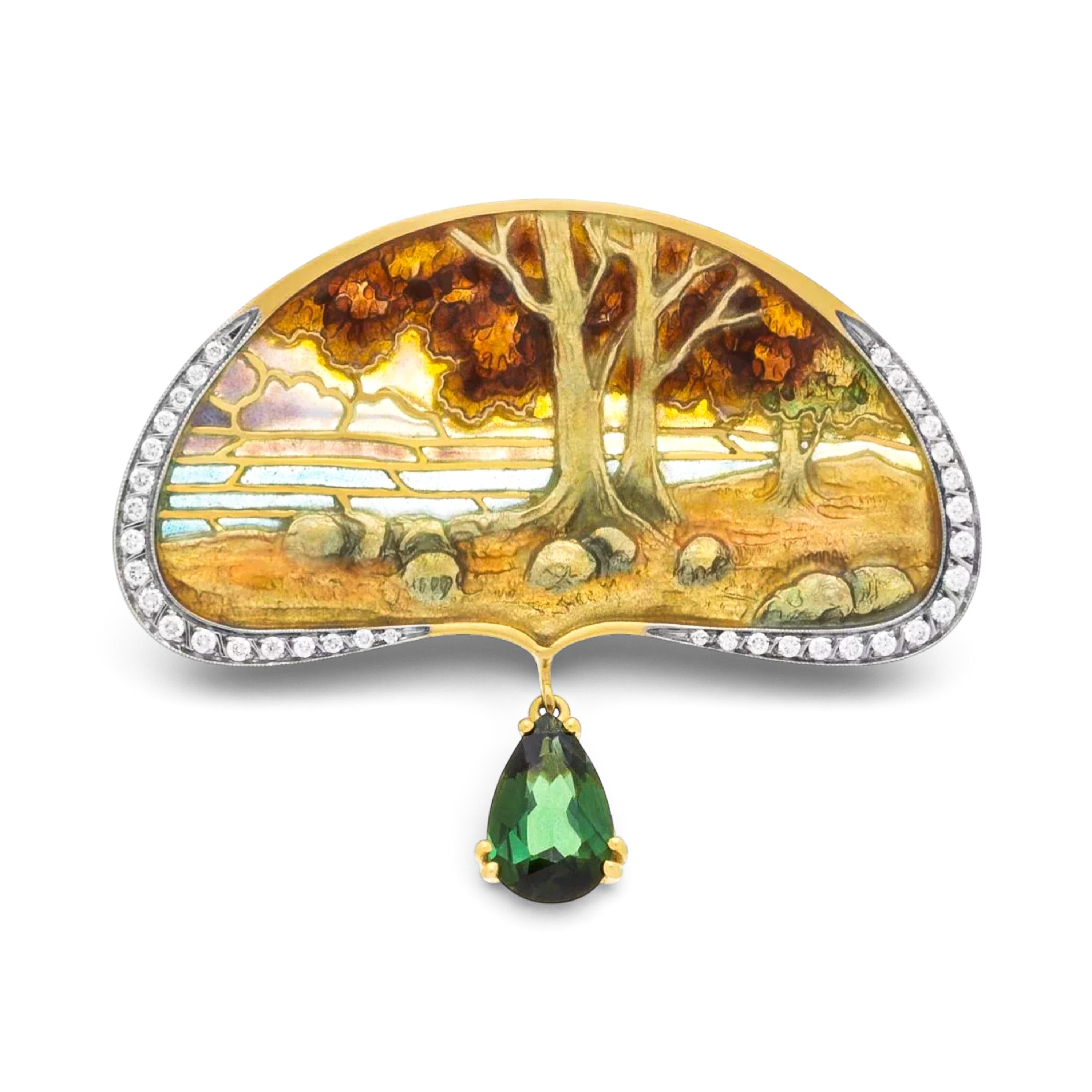Masriera 'Eden' Art Nouveau Style Green Tourmaline Diamond Pendant Brooch