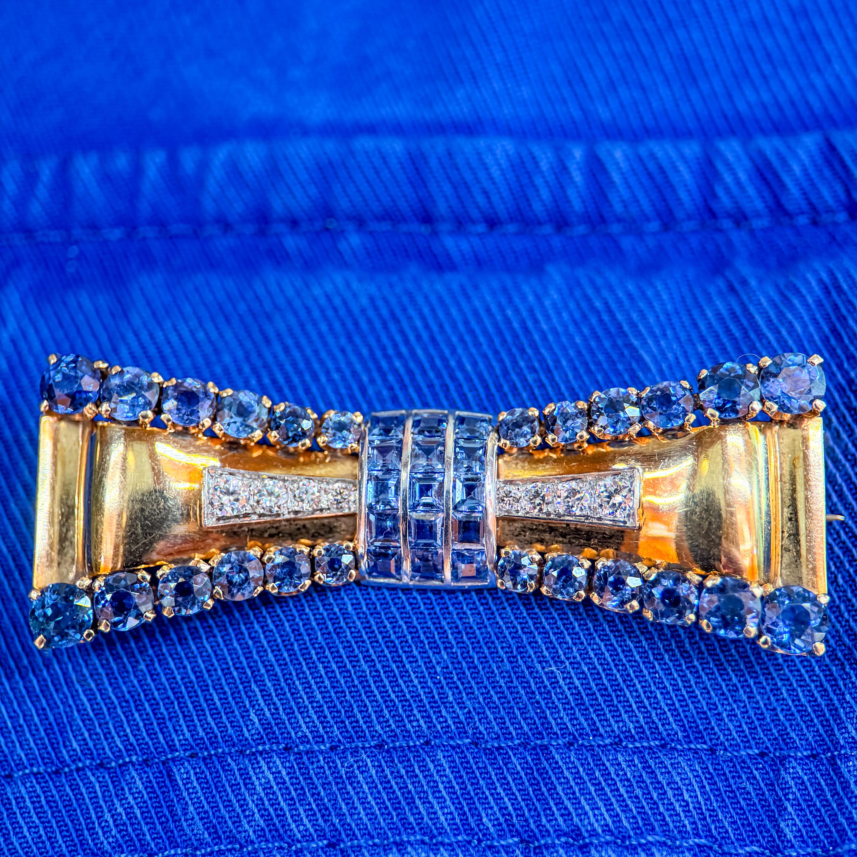 Retro Montana Sapphire & Diamond Bow Brooch