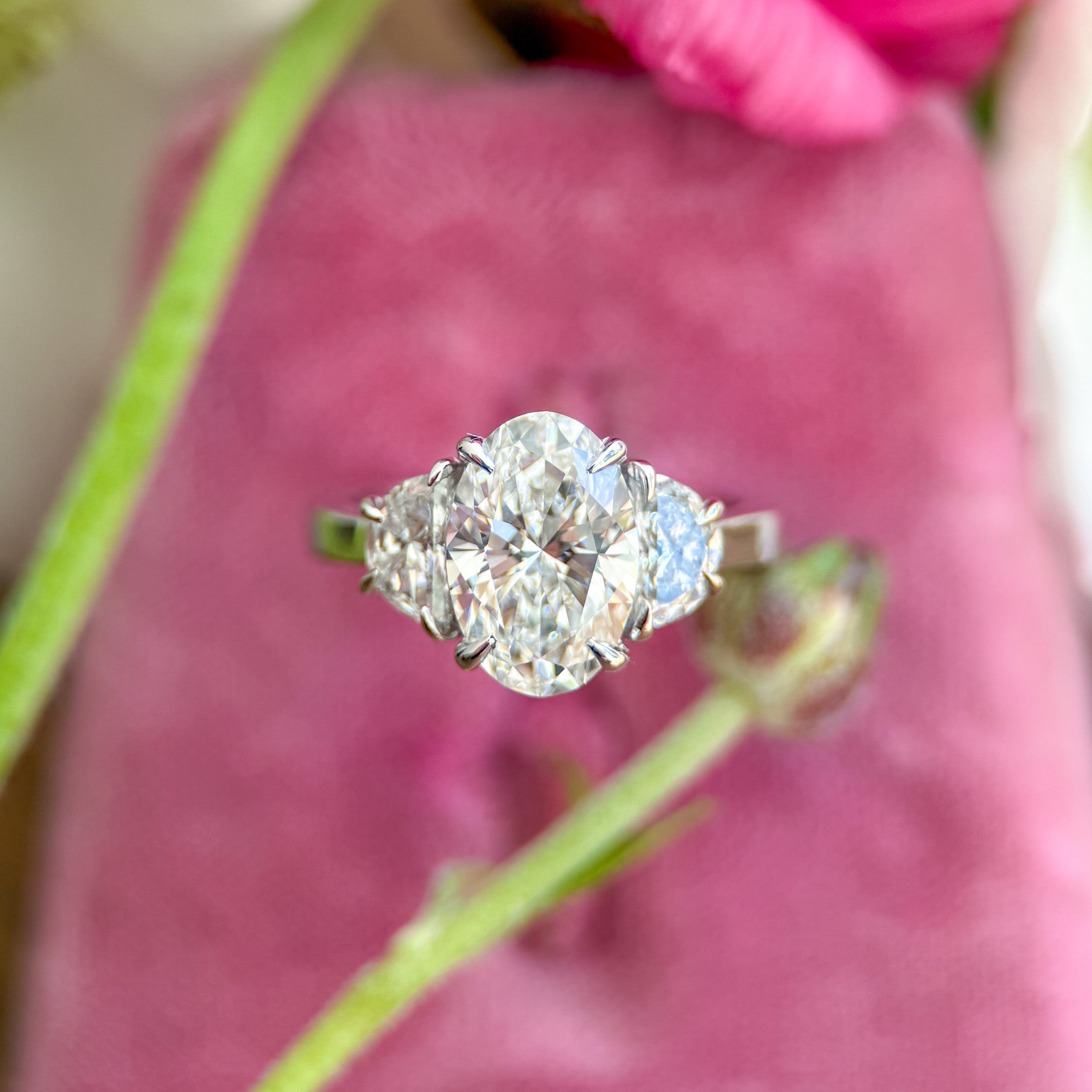 3ct Oval Lab Diamond Engagement Ring with Half Moon Accents