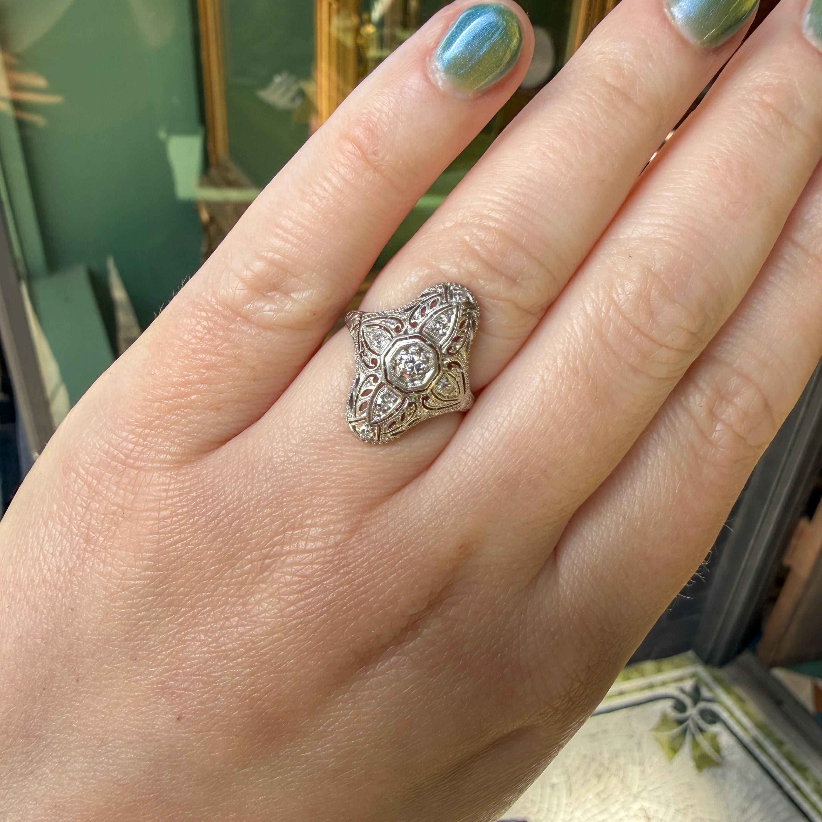 Edwardian Platinum Filigree Diamond Navette Ring