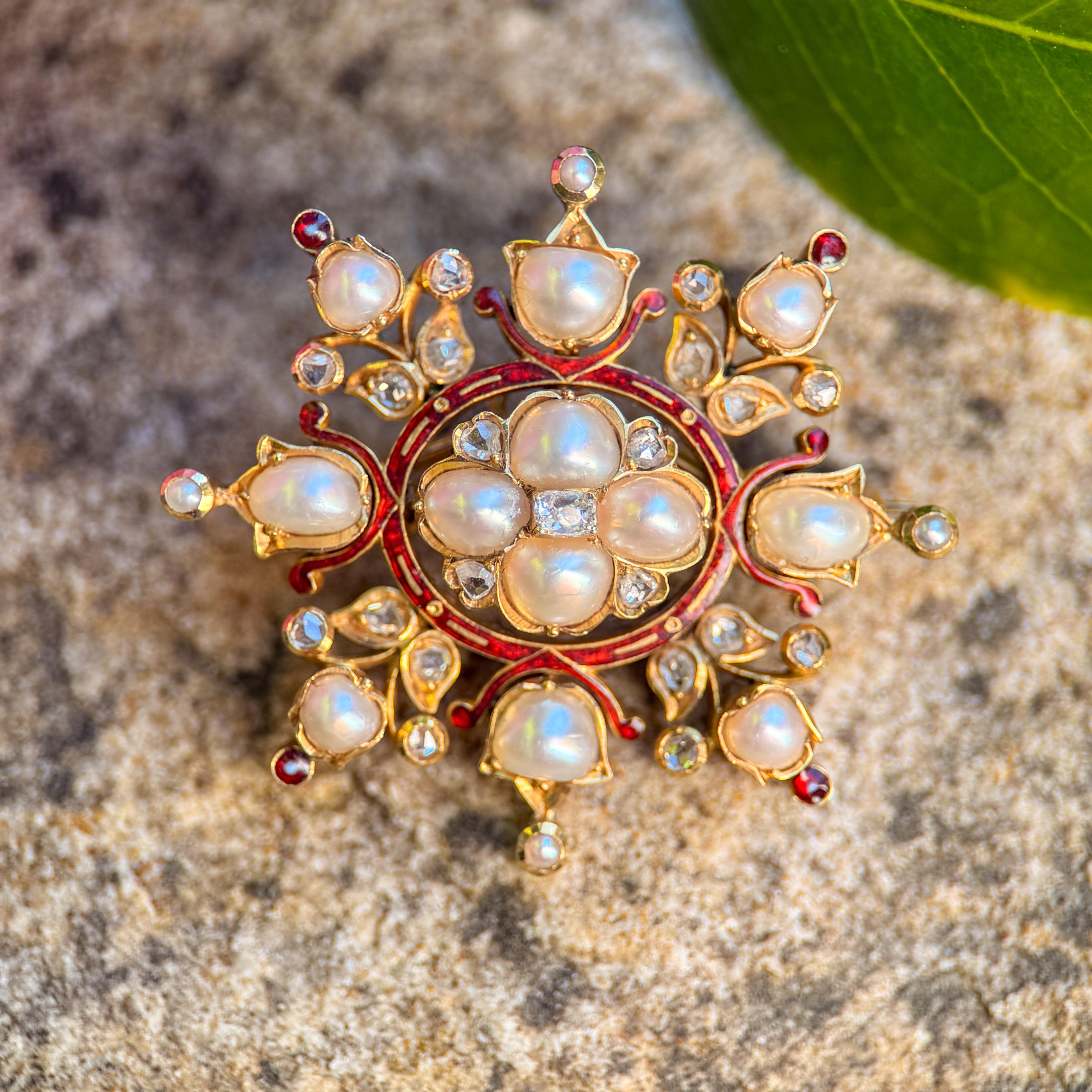 Renaissance Revival Victorian Pearl Diamond & Enamel Brooch Pendant