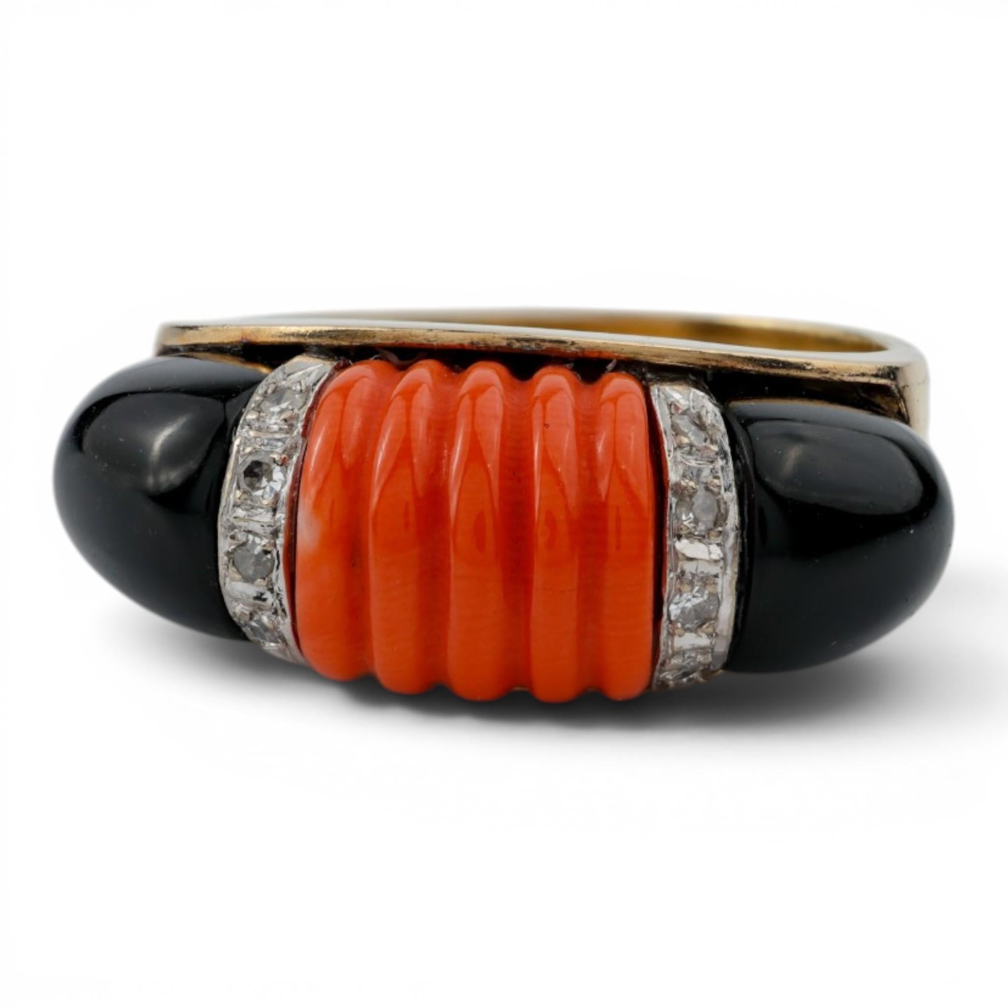 Vintage Art Deco Inspired Coral Onyx Diamond Ring