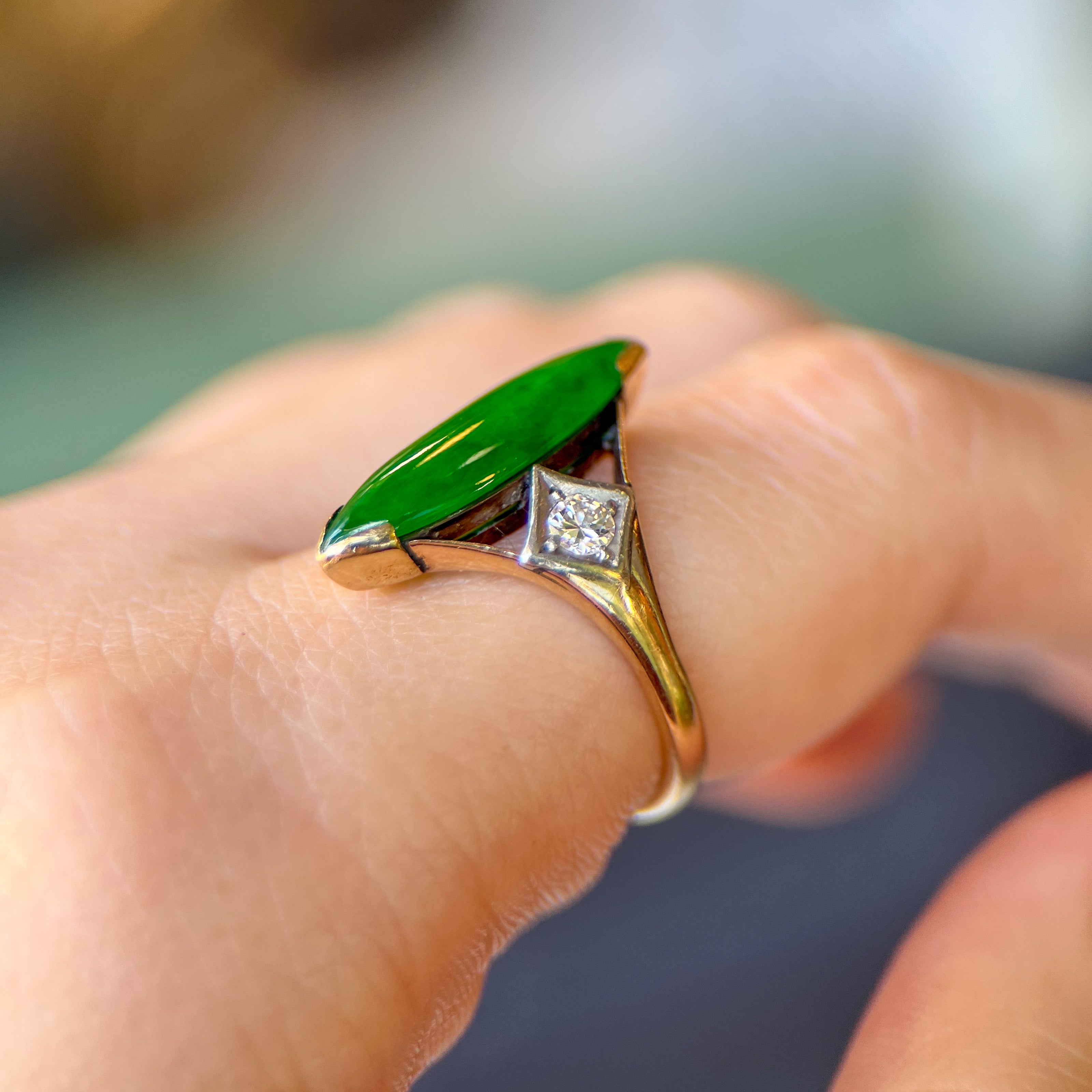 Retro Jade & Natural Diamond Navette Ring