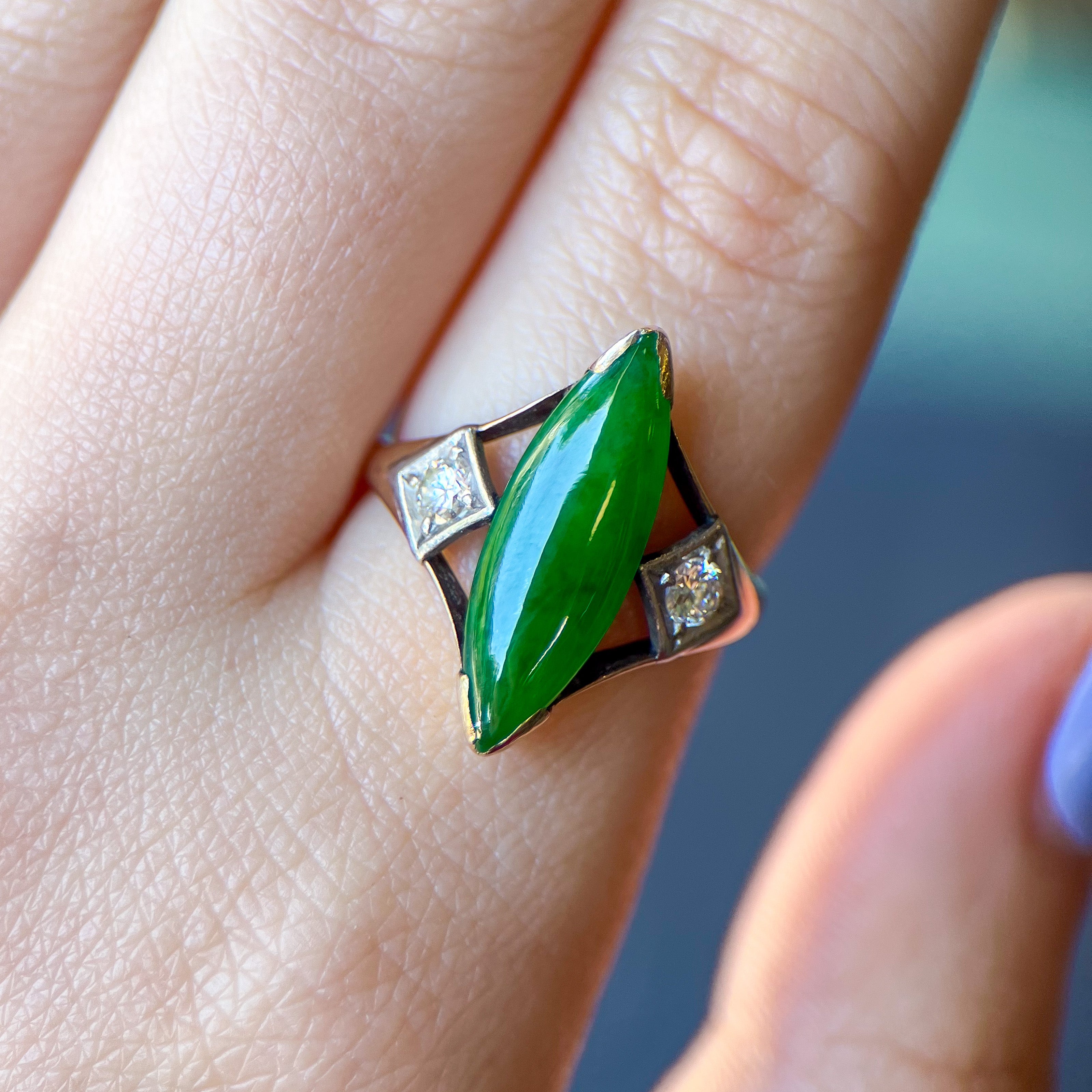 Retro Jade & Natural Diamond Navette Ring