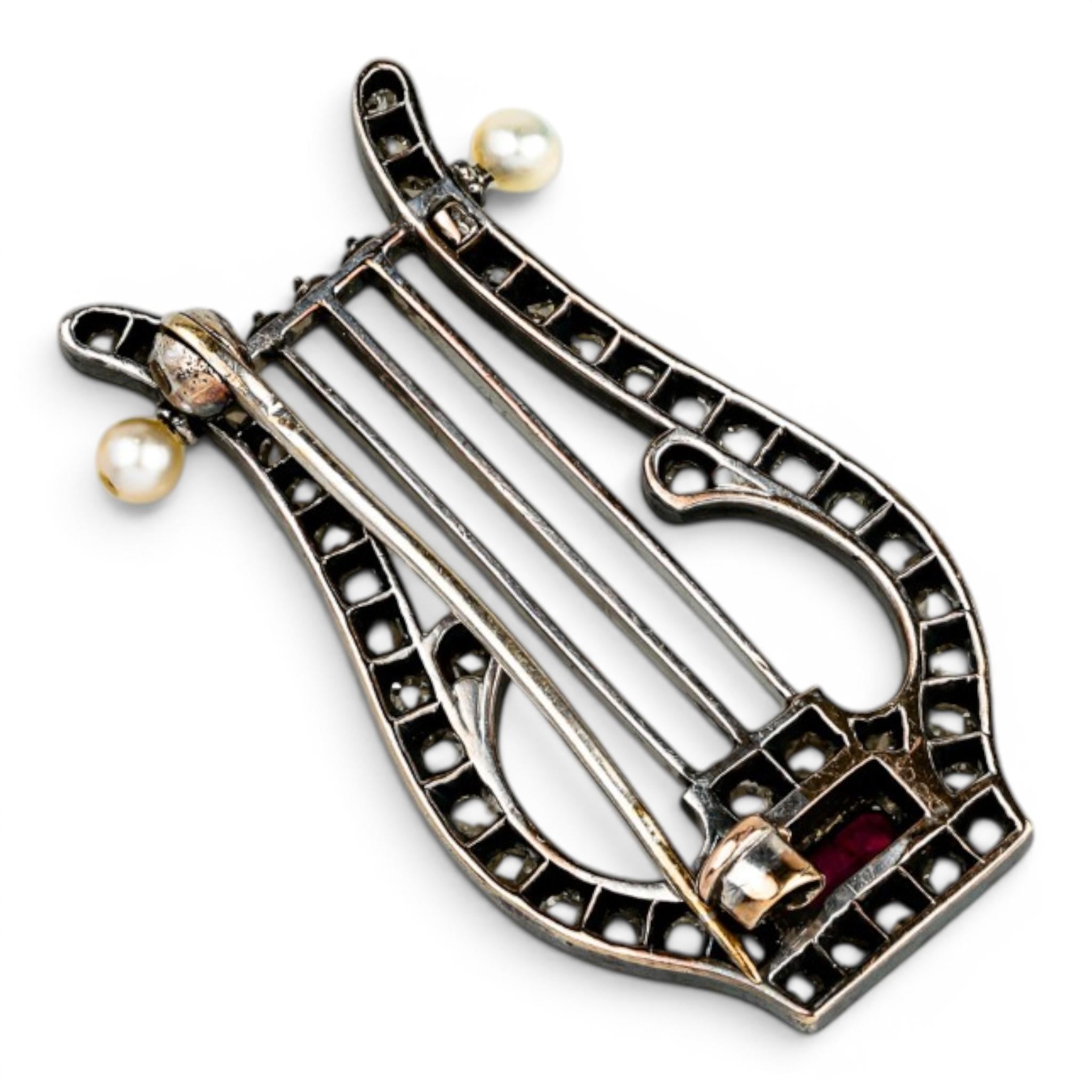 Victorian Diamond Ruby & Pearl Lyre Harp Brooch