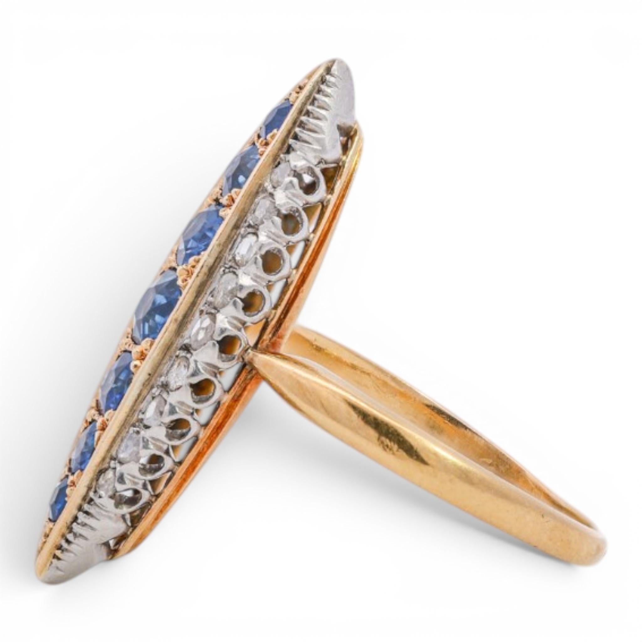 French Belle Epoque 18K Sapphire & Diamond Navette Ring