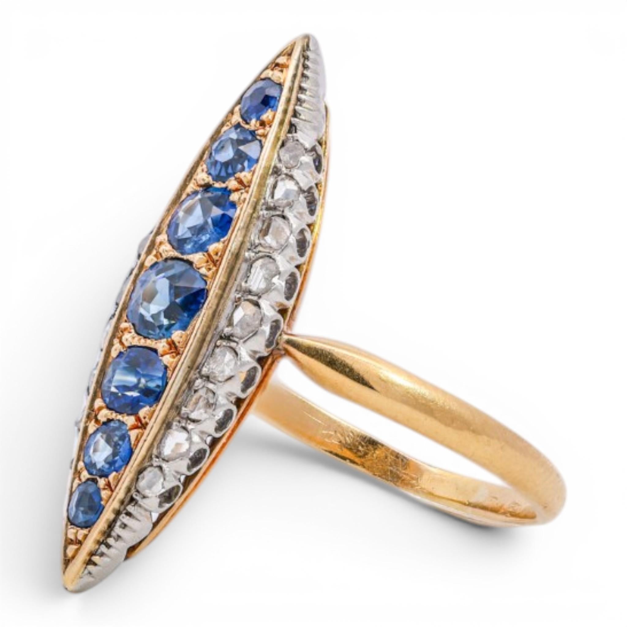French Belle Epoque 18K Sapphire & Diamond Navette Ring