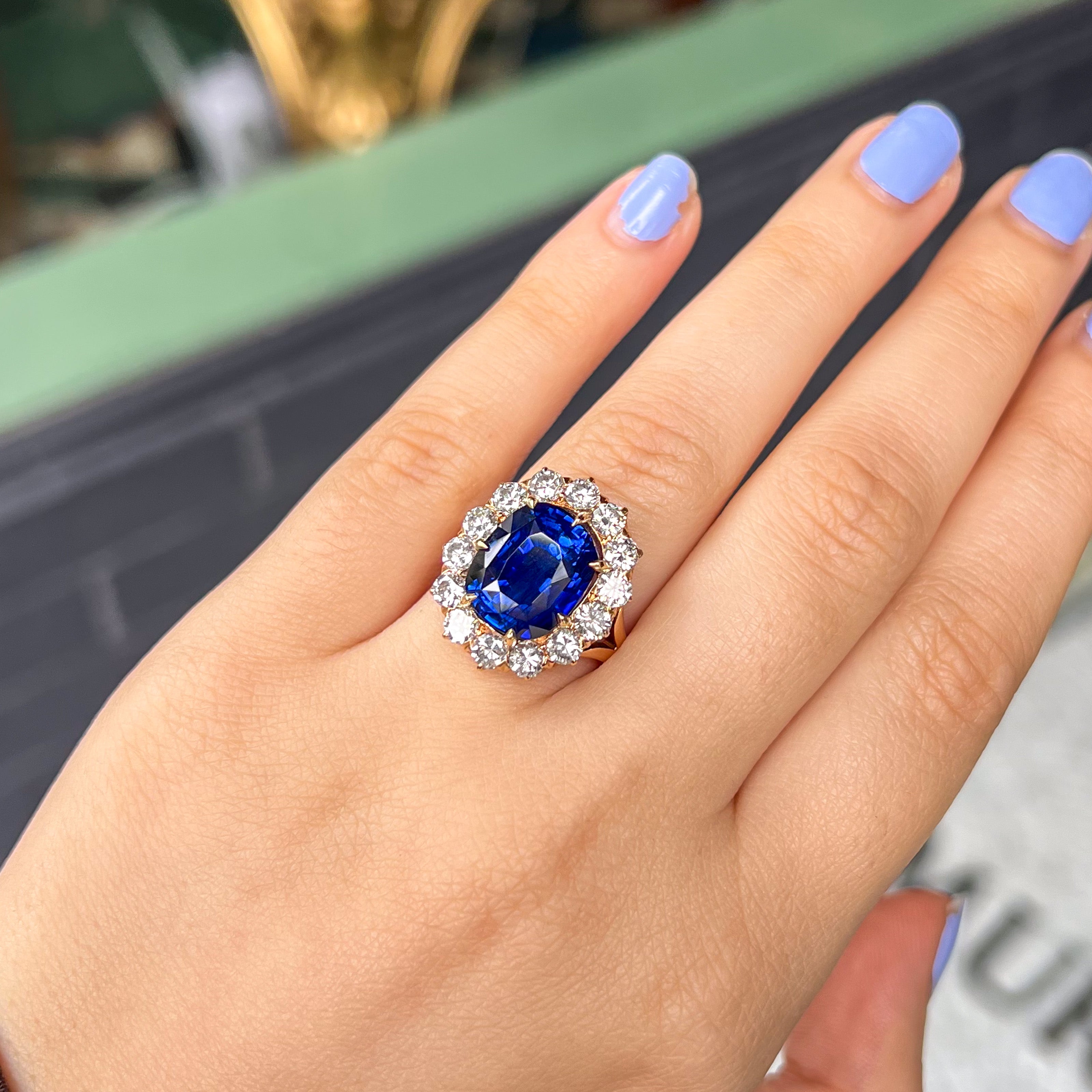 Vintage 8.24 CT Sapphire & Diamond Cluster Halo Yellow Gold Ring