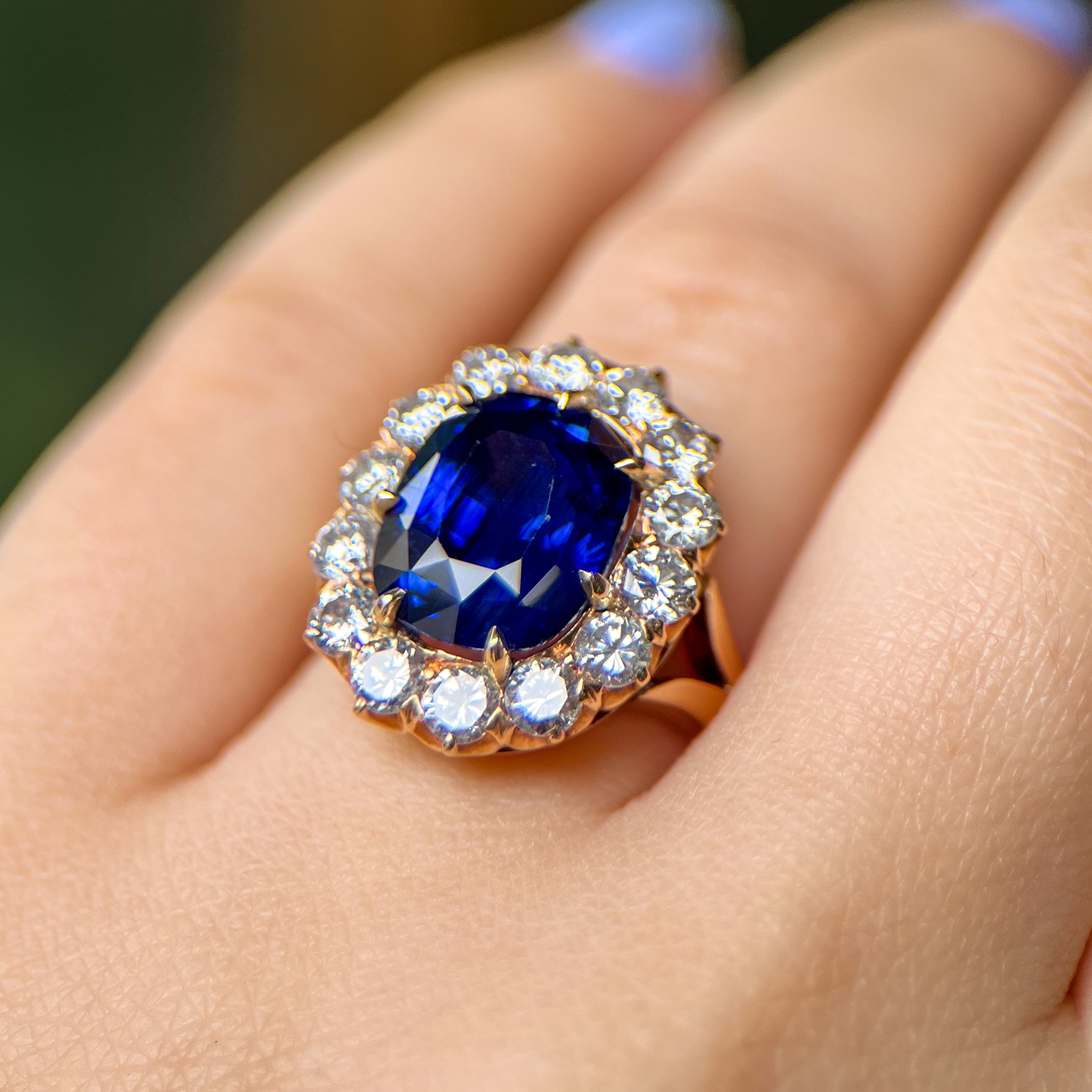 Vintage 8.24 CT Sapphire & Diamond Cluster Halo Yellow Gold Ring