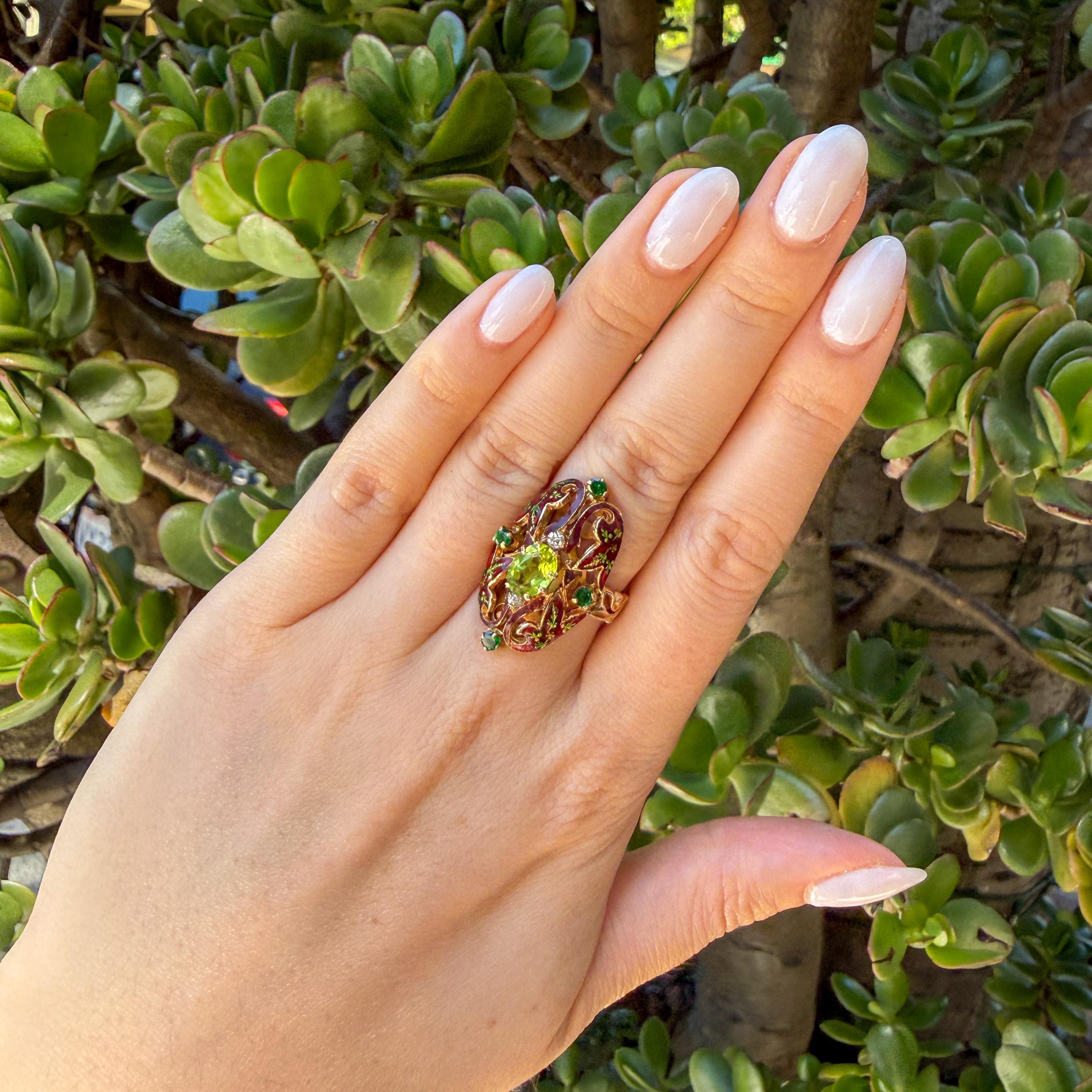 Vintage Enamel, Peridot, Tsavorite, & Diamond Dinner Ring