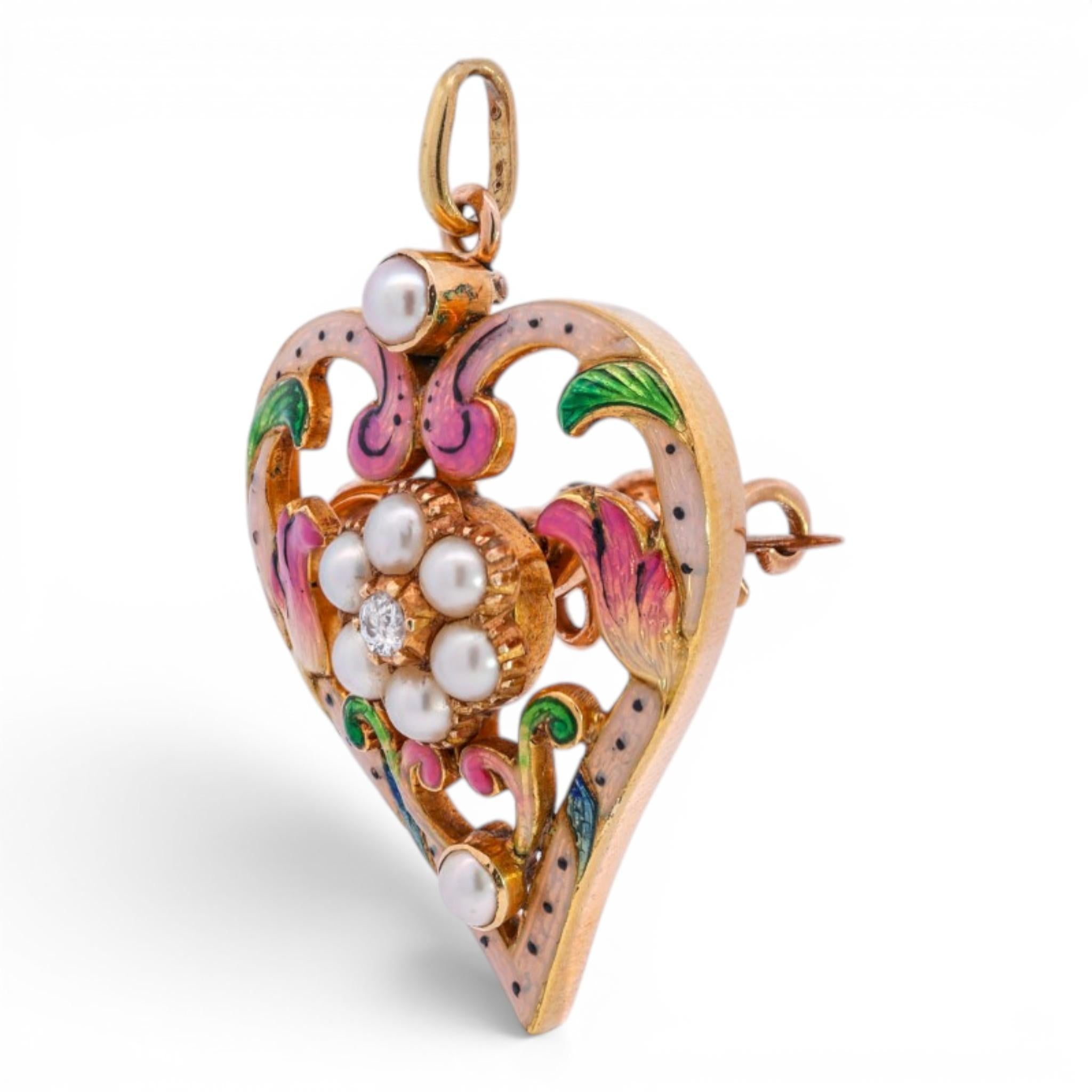 Victorian Enamel Pearl & Diamond Heart Brooch Pendant