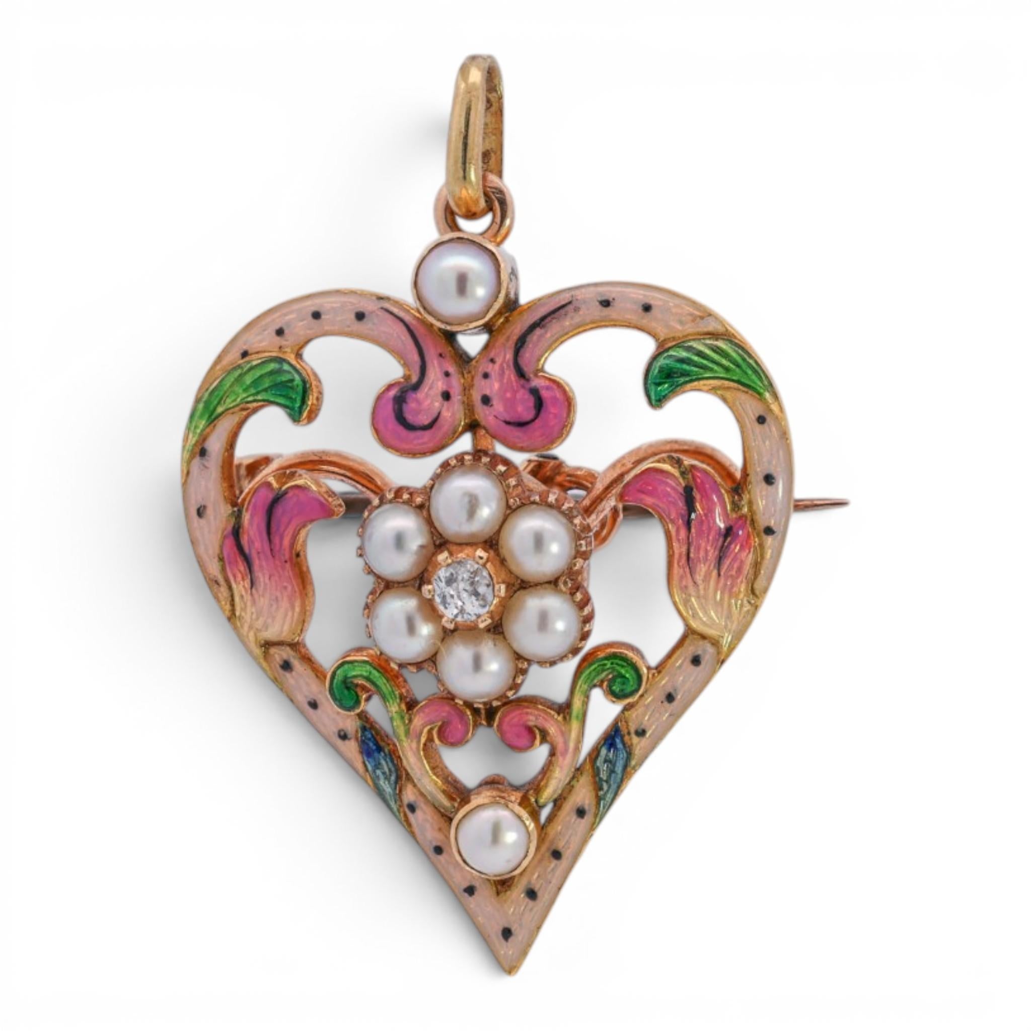 Victorian Enamel Pearl & Diamond Heart Brooch Pendant