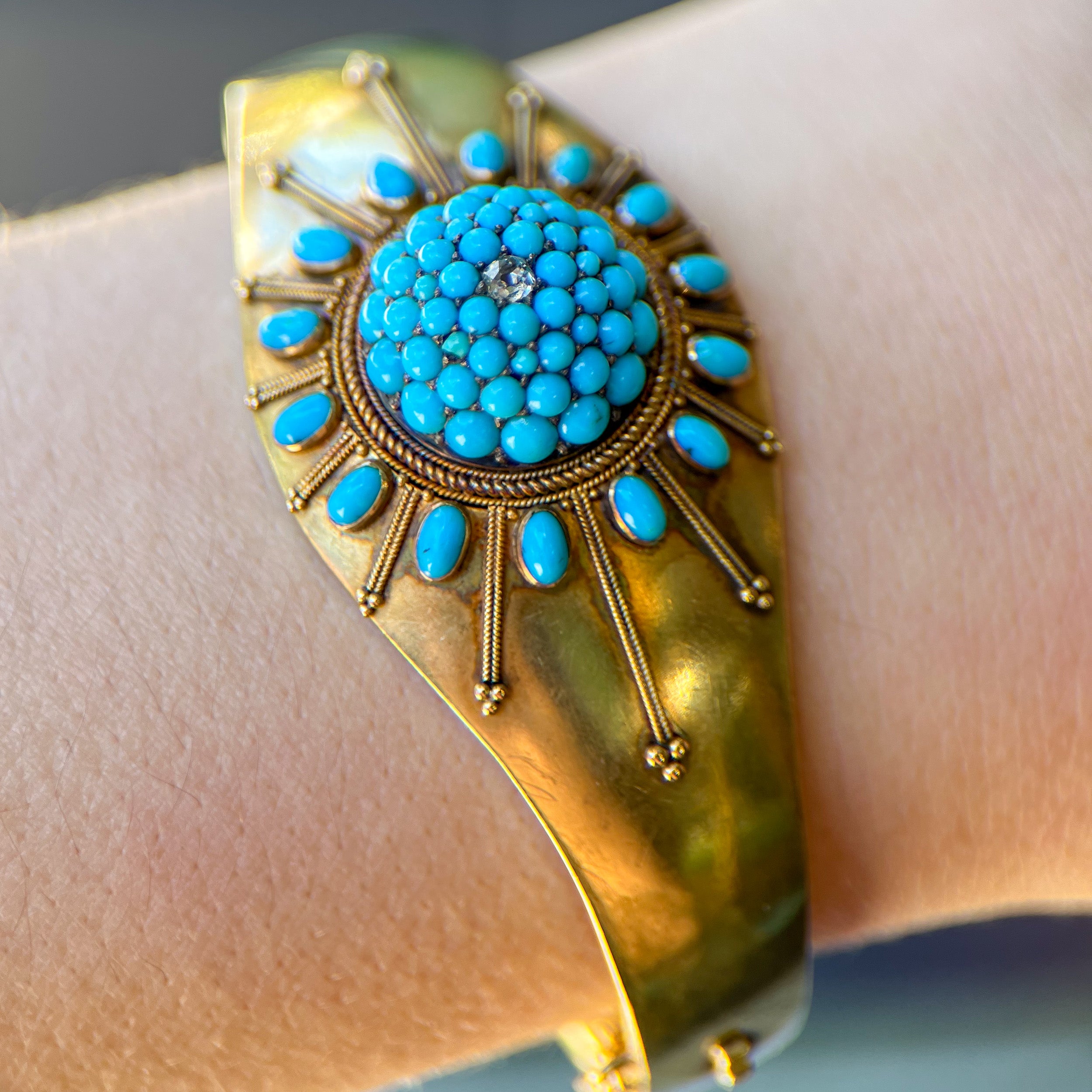Antique Victorian 14K Turquoise Rose Cut Diamond Hinged Bangle Bracelet