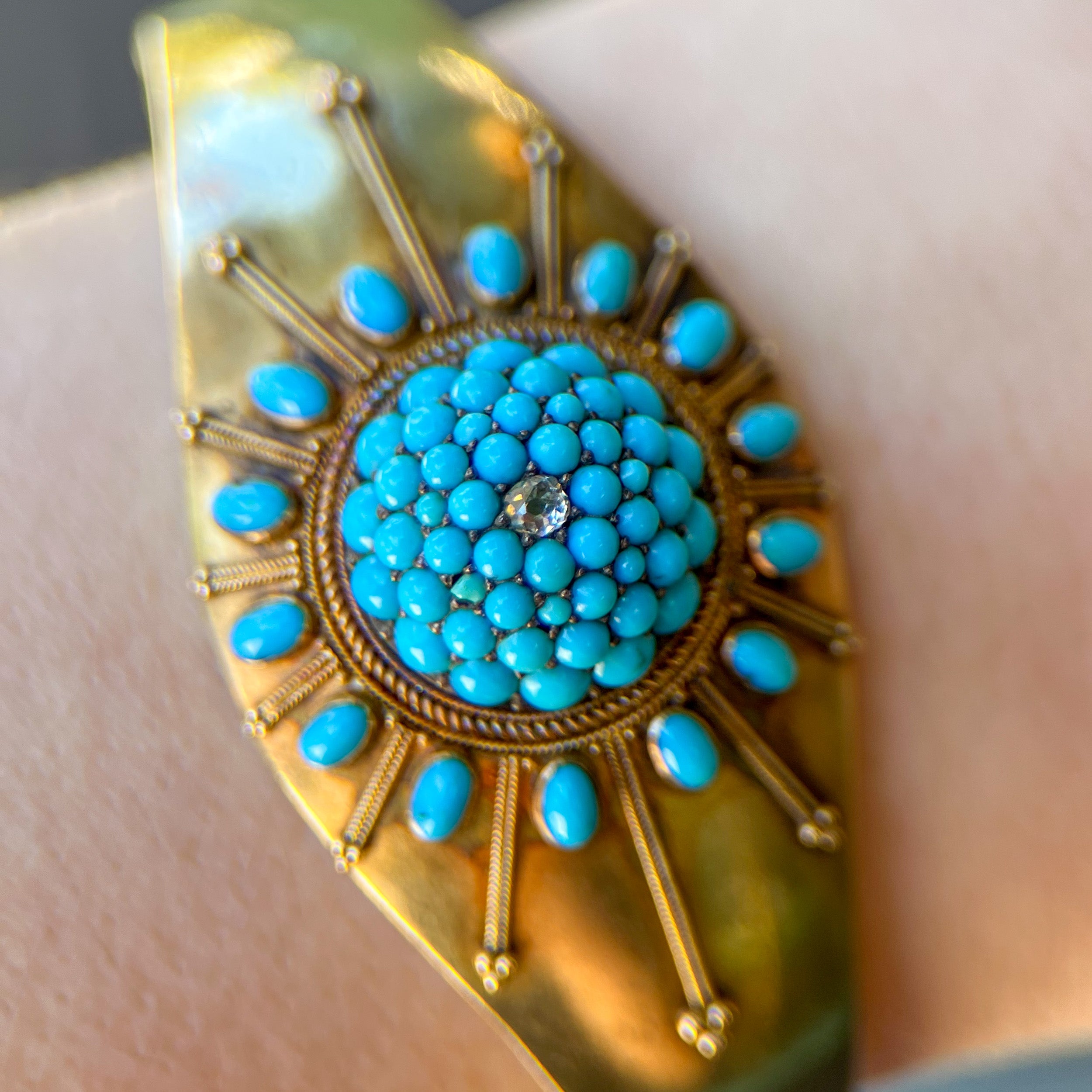 Antique Victorian 14K Turquoise Rose Cut Diamond Hinged Bangle Bracelet