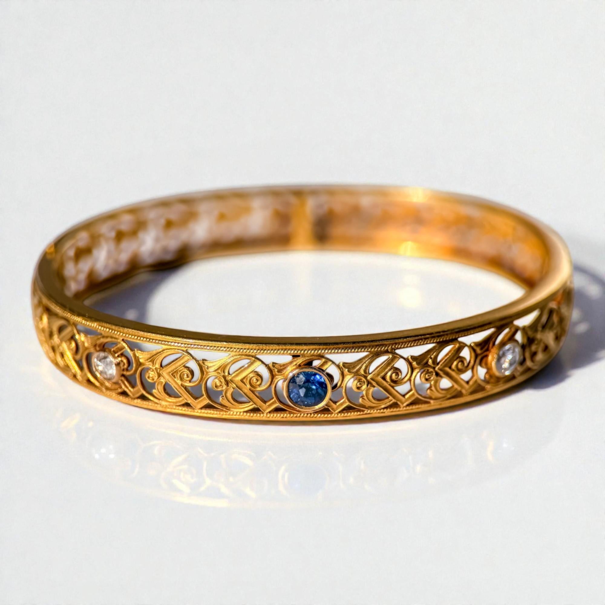 Arts & Crafts Montana Sapphire & Diamond Hinged Bangle Bracelet