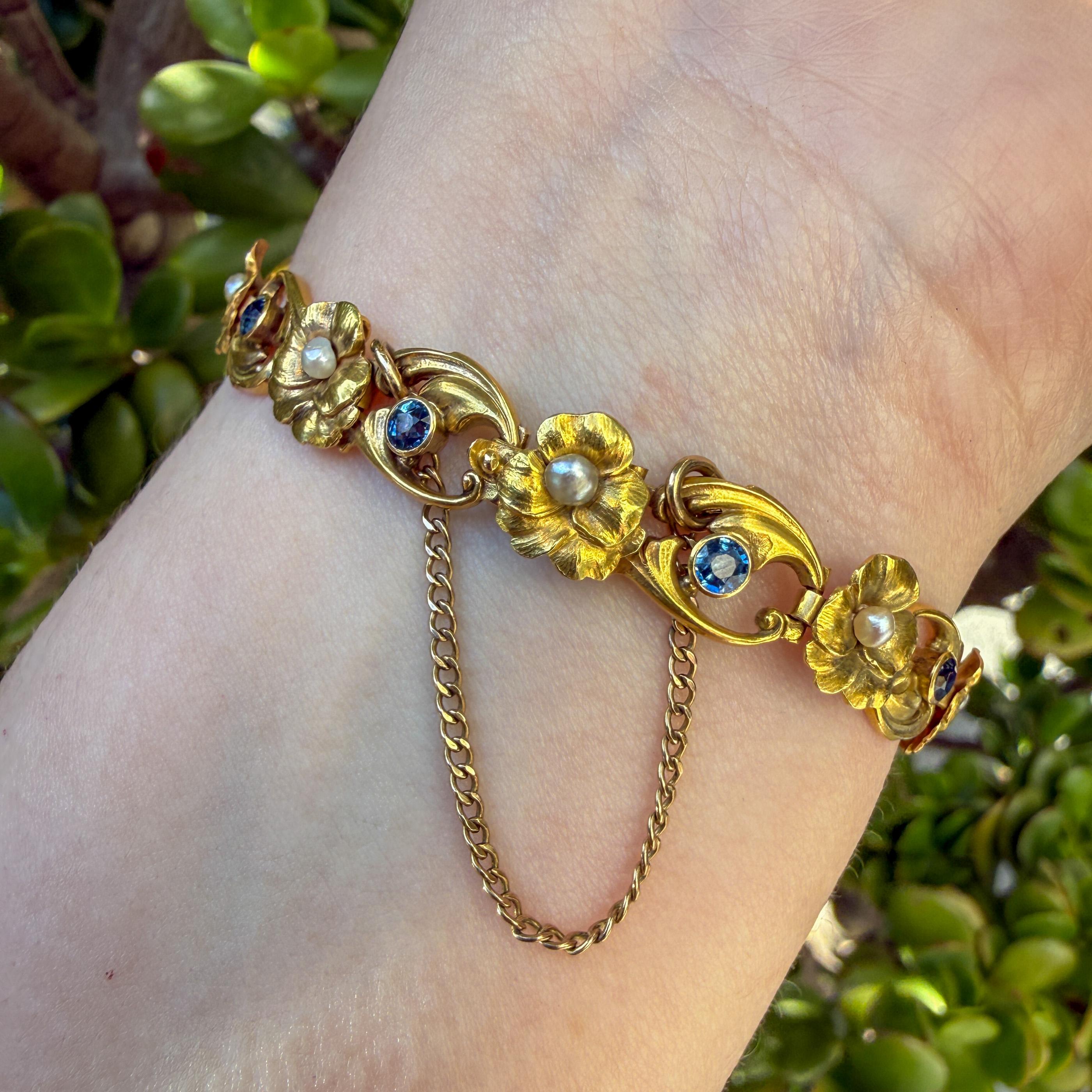 Krementz Arts & Crafts Montana Sapphire Floral Gold Bracelet