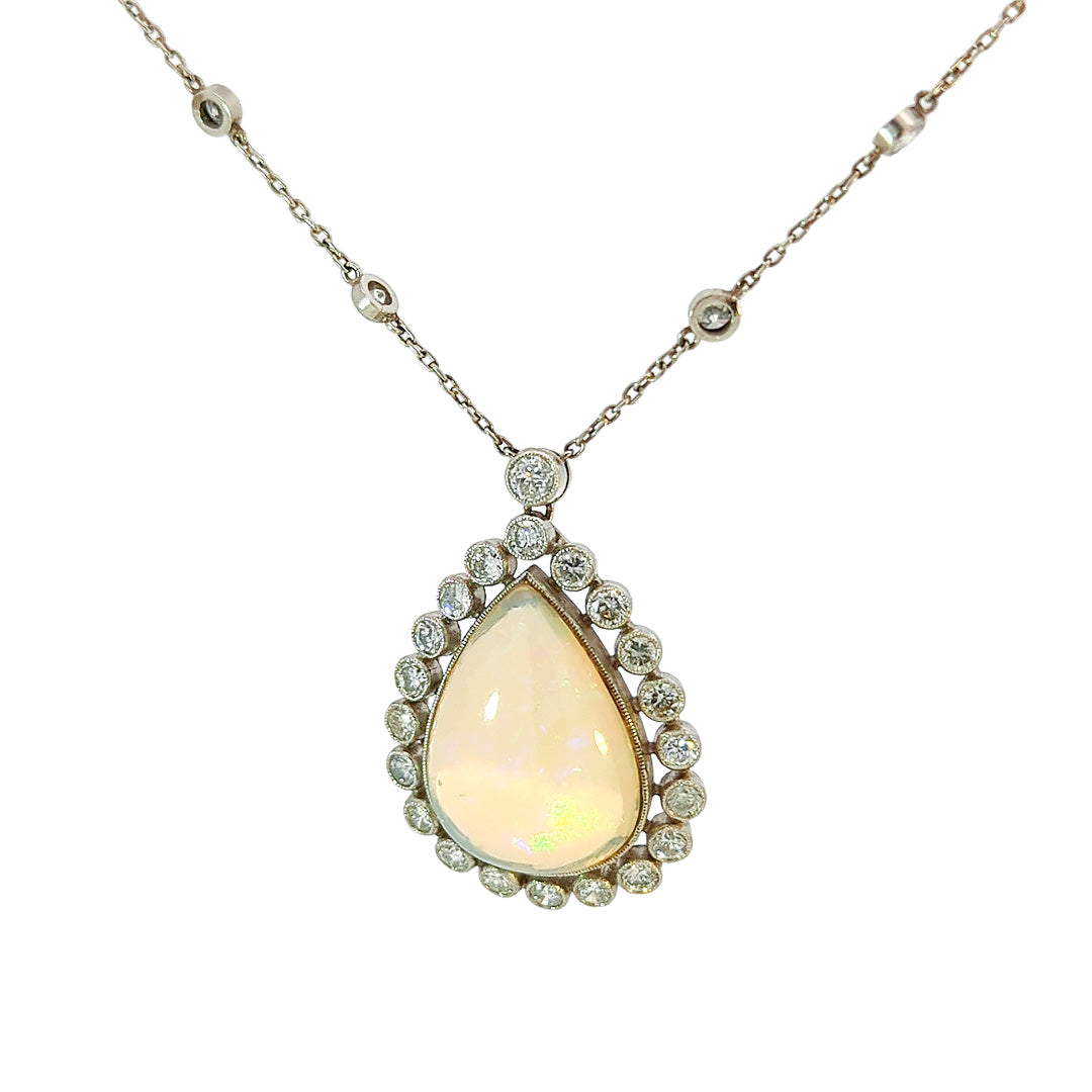 Art Deco Platinum Pear Shape Opal & Diamond Necklace
