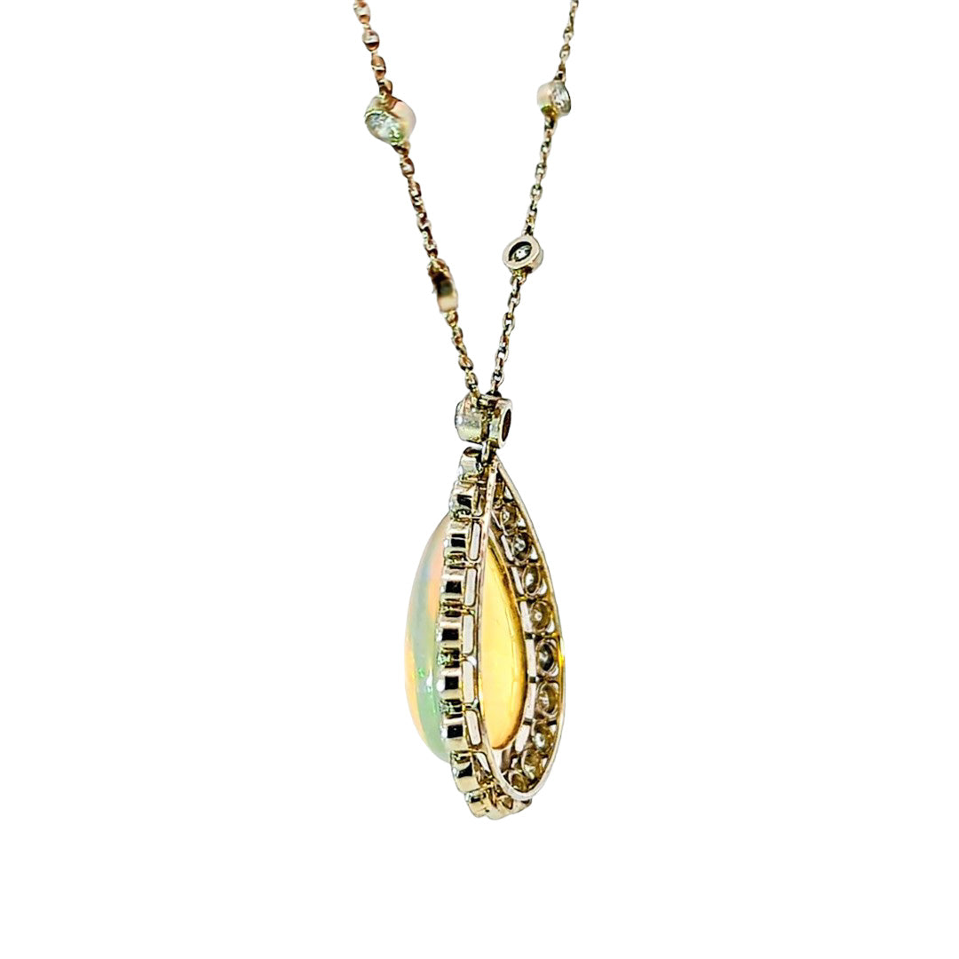 Art Deco Platinum Pear Shape Opal & Diamond Necklace