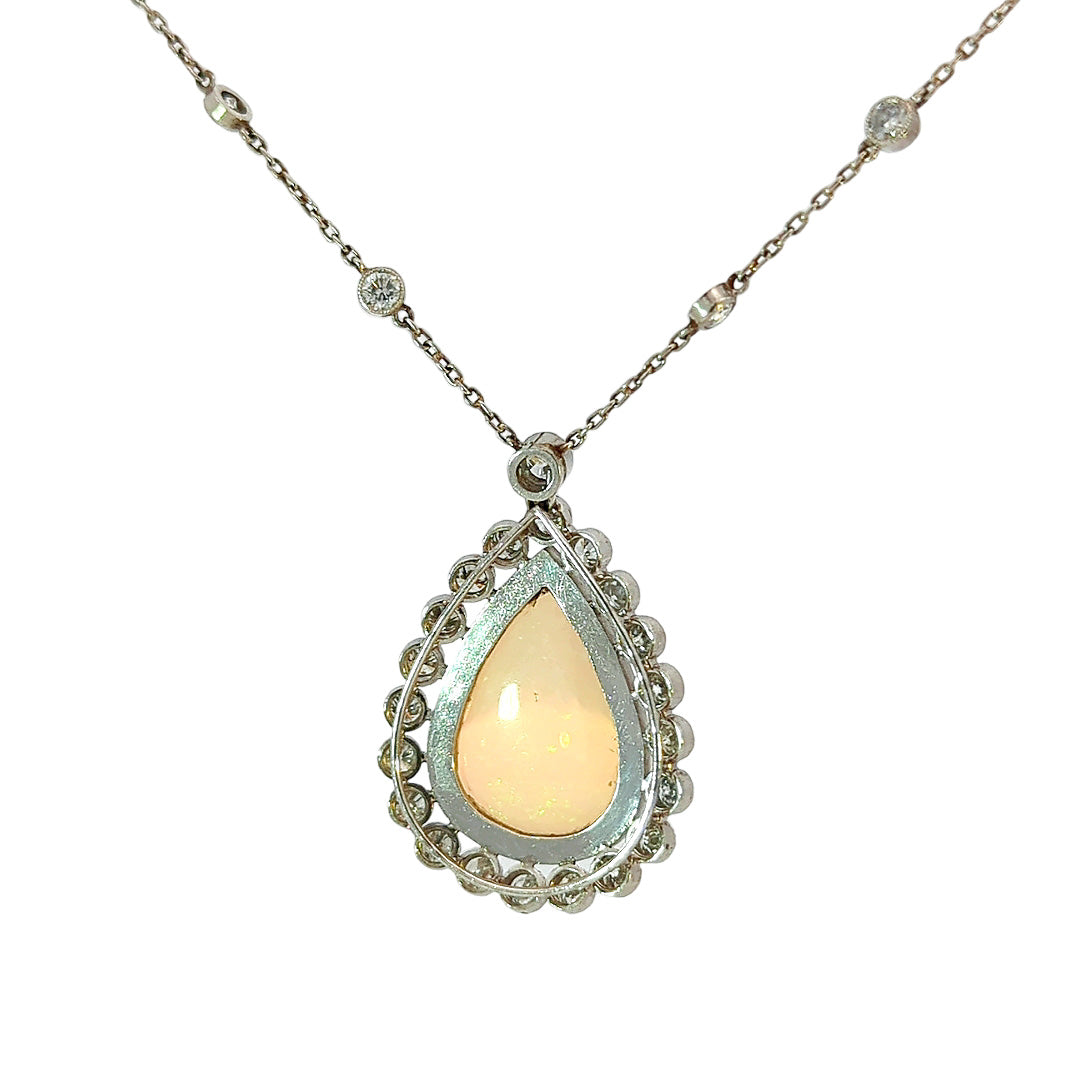 Art Deco Platinum Pear Shape Opal & Diamond Necklace