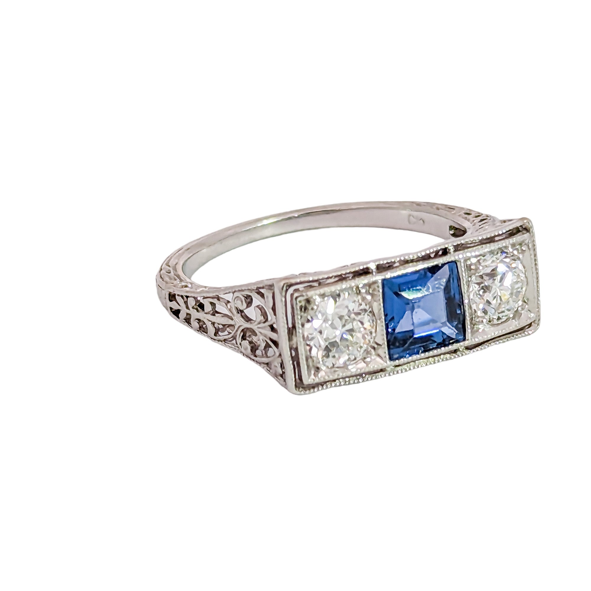 Edwardian Platinum Yogo Gulch Montana Sapphire & Diamond Engagement Ring