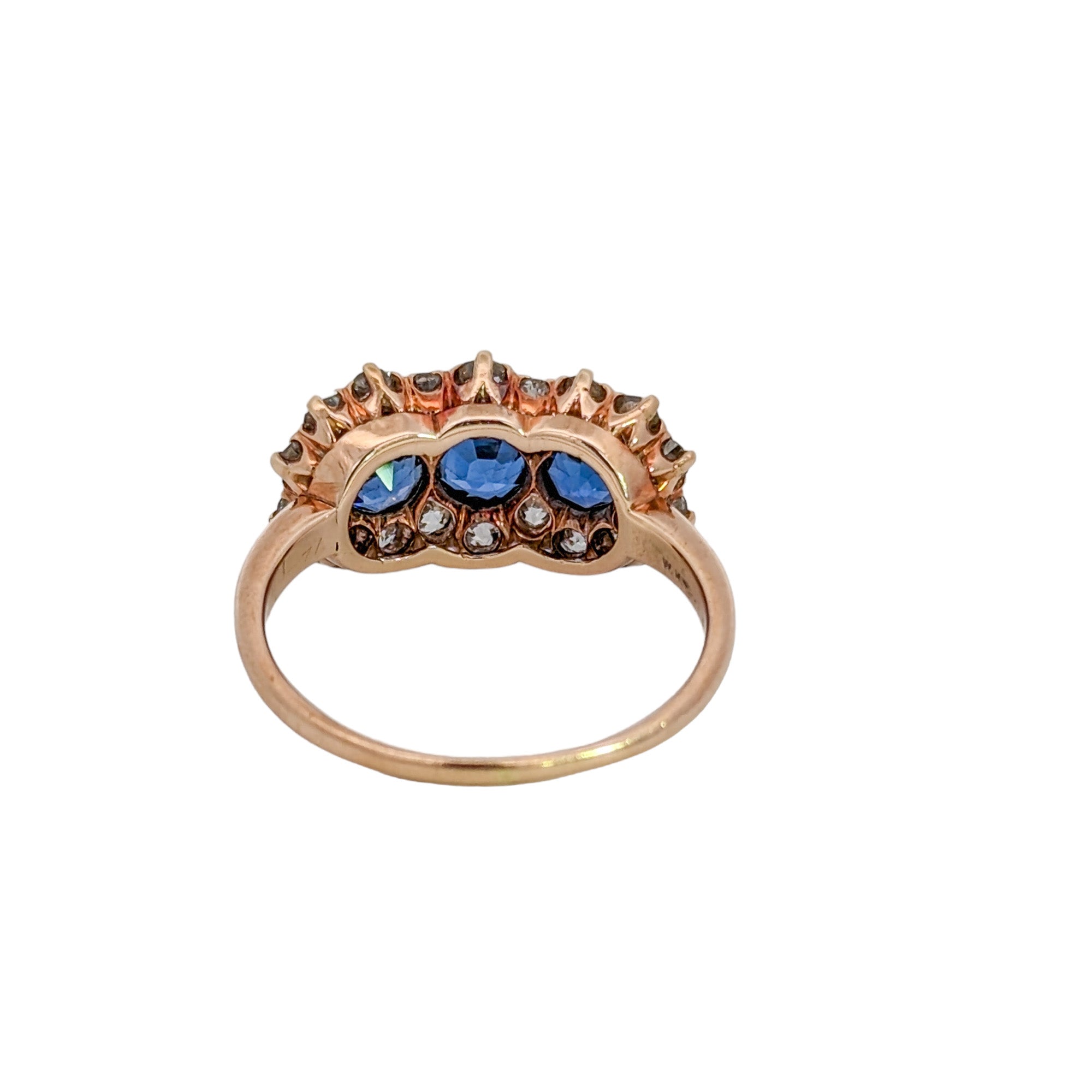 Edwardian 18K Yellow Gold & Platinum Yogo Gulch Montana Sapphire Three Stone Ring
