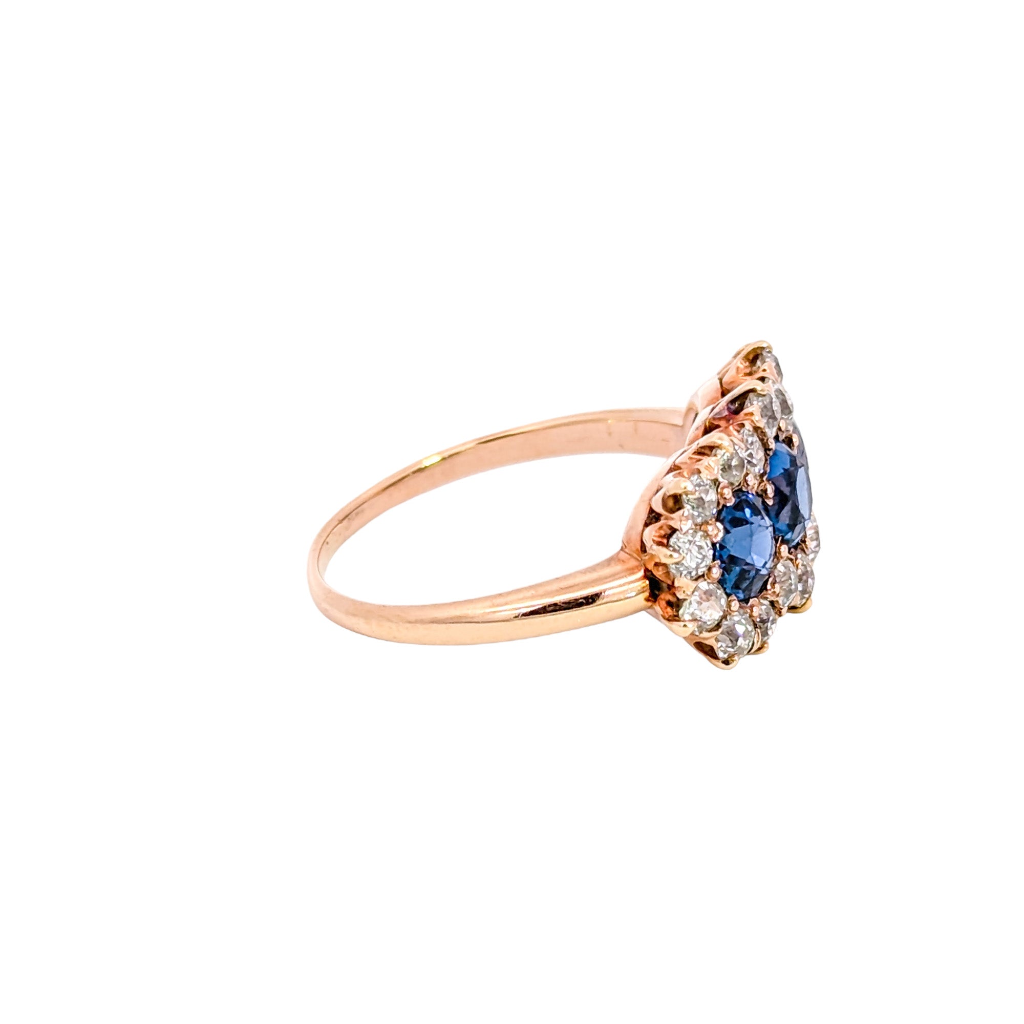 Edwardian 18K Yellow Gold & Platinum Yogo Gulch Montana Sapphire Three Stone Ring